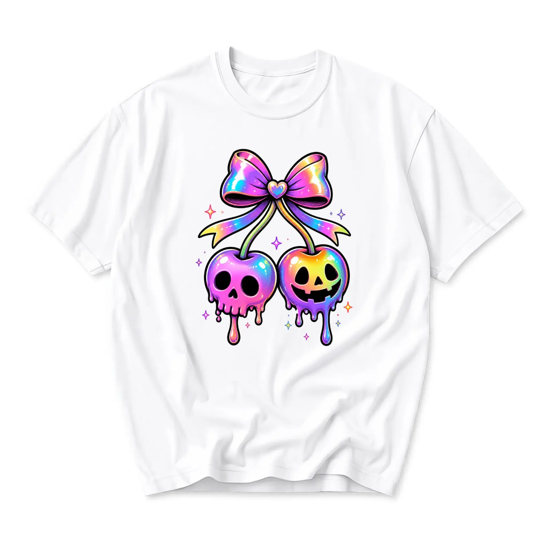 Graphic Tee Unisex Rainbow Drip Cherry Skull Pumpkin Bow Print Casual Cotton Blend Shirt for Everyday Wear and Expression