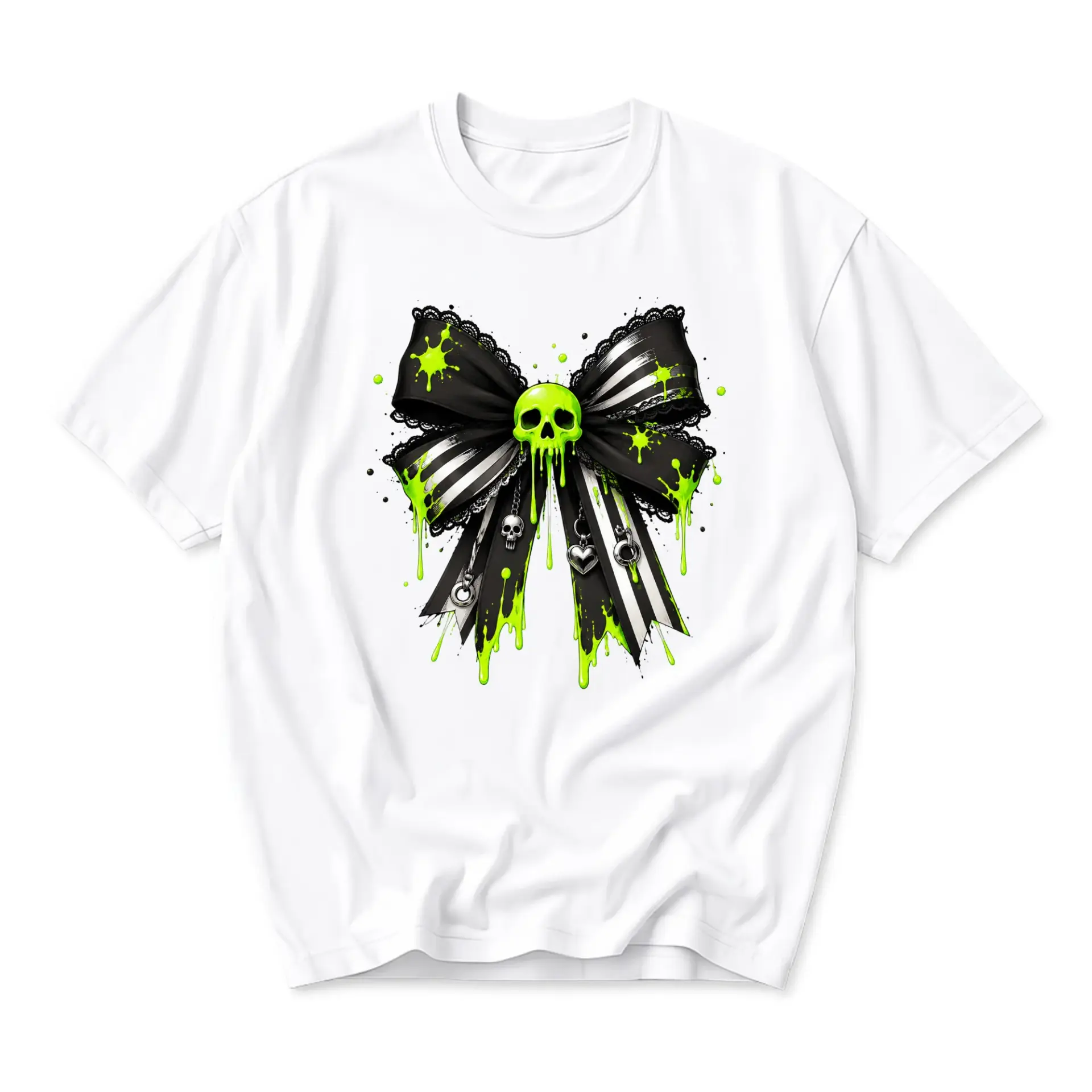 Graphic Tee Unisex Skull Bow T-Shirt Neon Green Drip Aesthetic Shirt for Casual Wear and Everyday Outfit Style