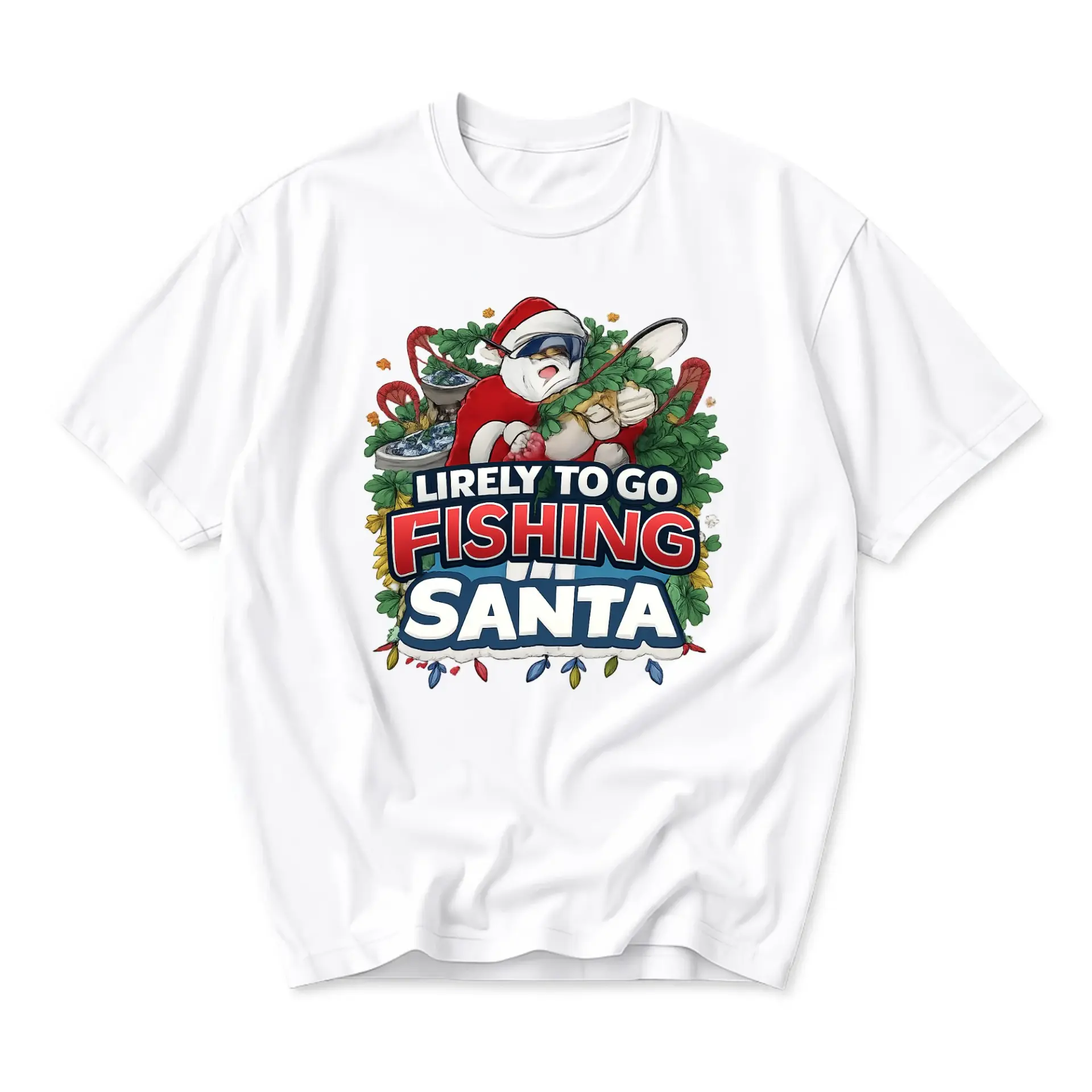 Funny Shirt Unisex Graphic Printed T-Shirt Featuring Santa Claus Enjoying a Relaxing Fishing Trip Holiday Design