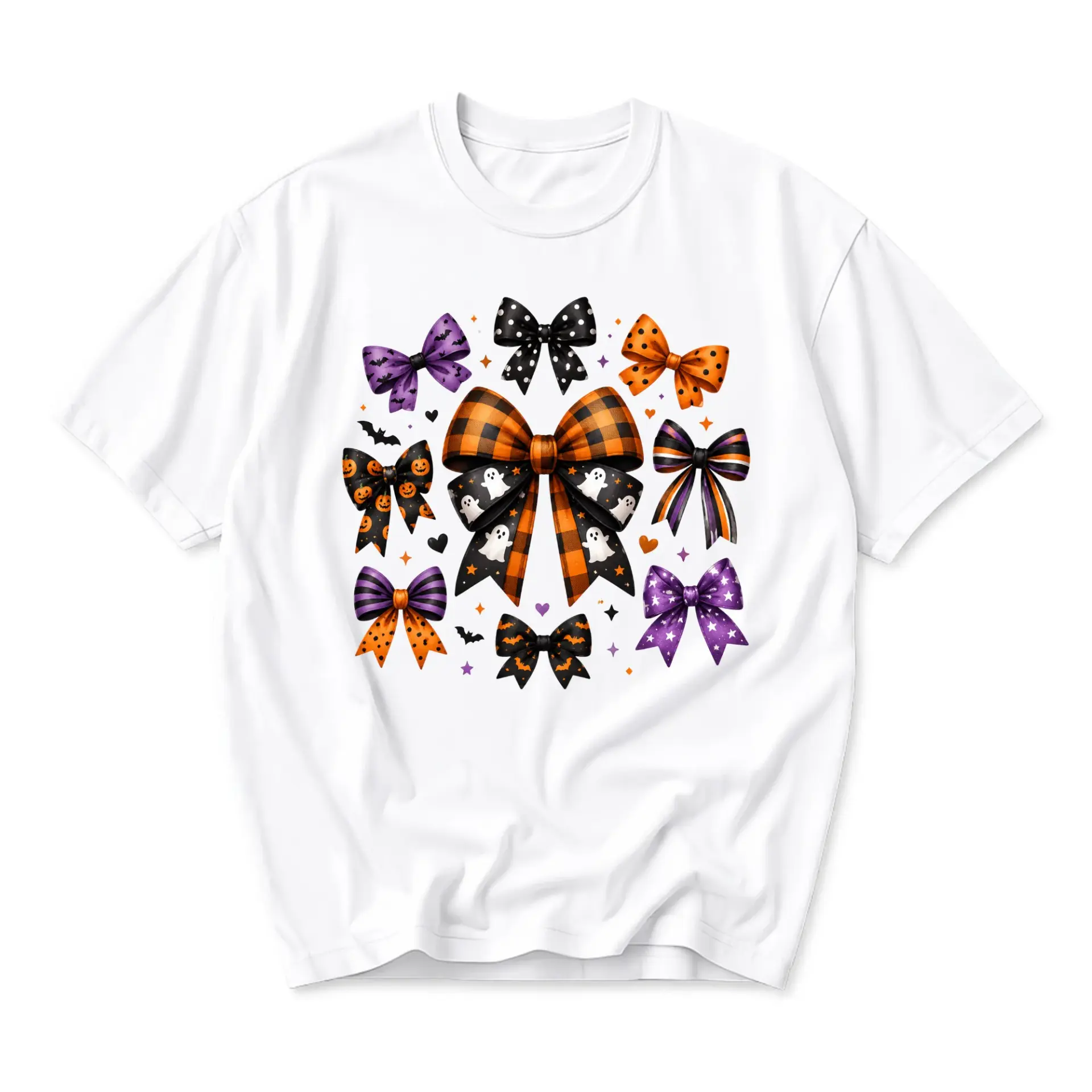 Graphic Tee Halloween Bows Pattern Unisex Crew Neck T-Shirt Seasonal Aesthetic Comfortable Cotton Apparel Top