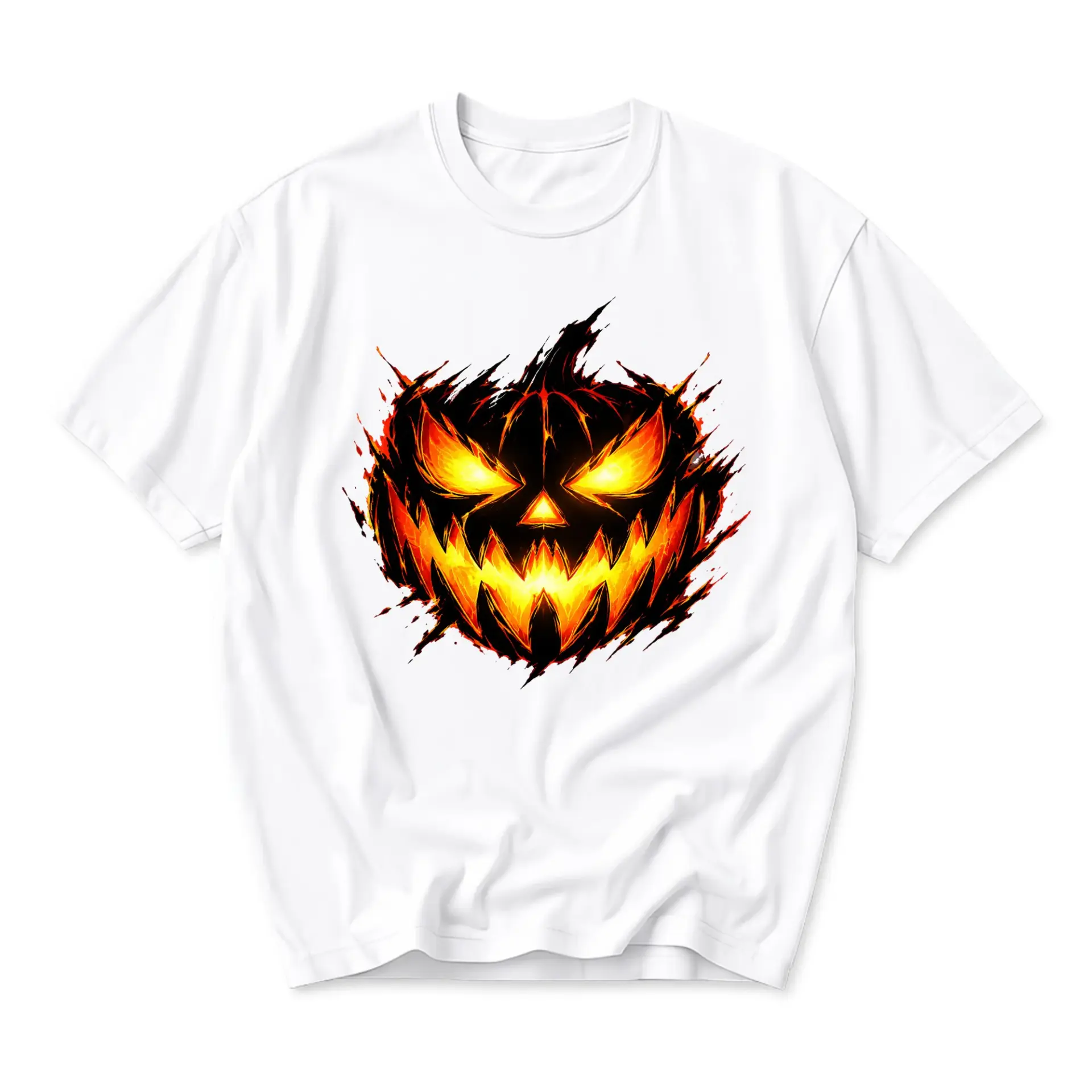 Graphic Tee Unisex Halloween Pumpkin Face T-Shirt Spooky Fire Jack O Lantern Art Casual Everyday Crew Neck Top