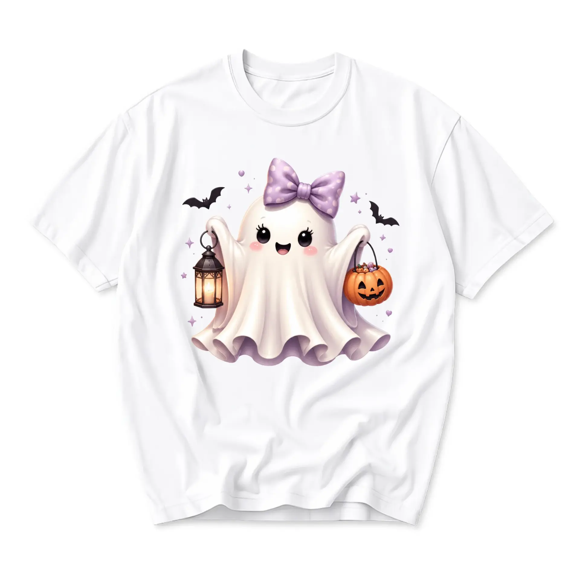 Graphic Tee Cute Ghost Wearing Polka Dot Bow Holding Lantern and Pumpkin Halloween Unisex Crew Neck Shirt