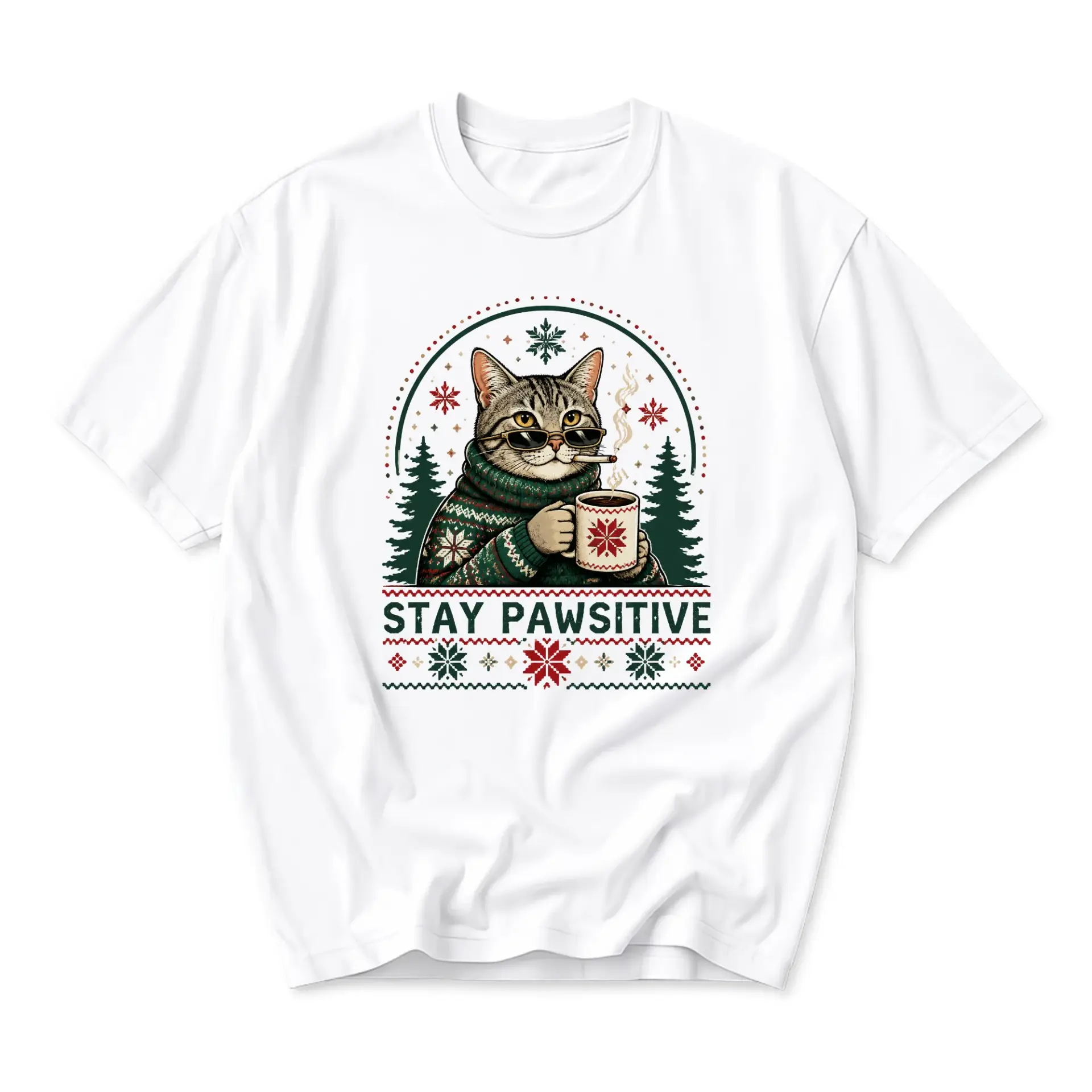 Funny Shirt Stay Pawsitive Cat Graphic Tee Casual Holiday Themed Unisex