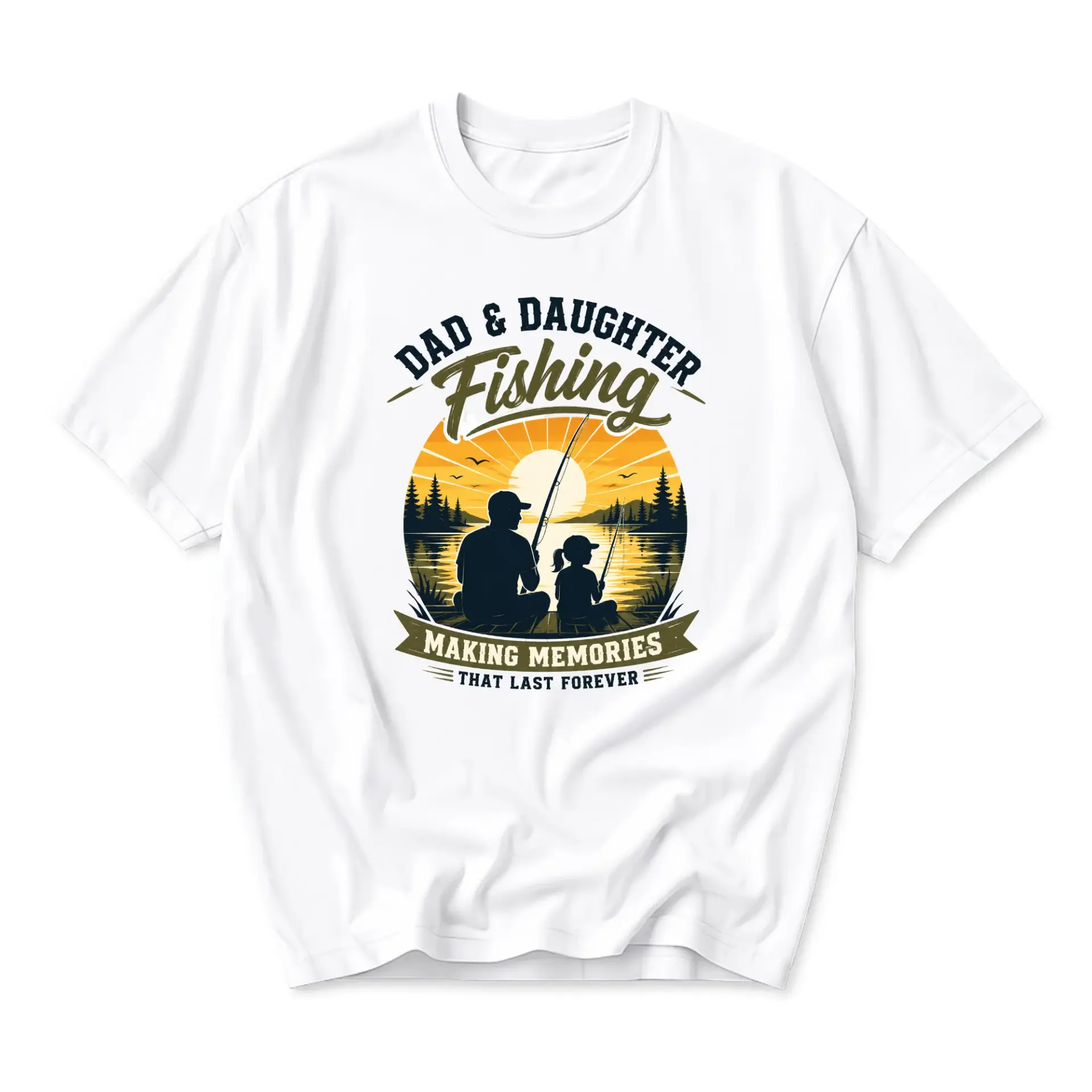 Graphic Tee Dad and Daughter Fishing Making Memories Unisex Crew Neck Casual Everyday Short Sleeve T-Shirt White