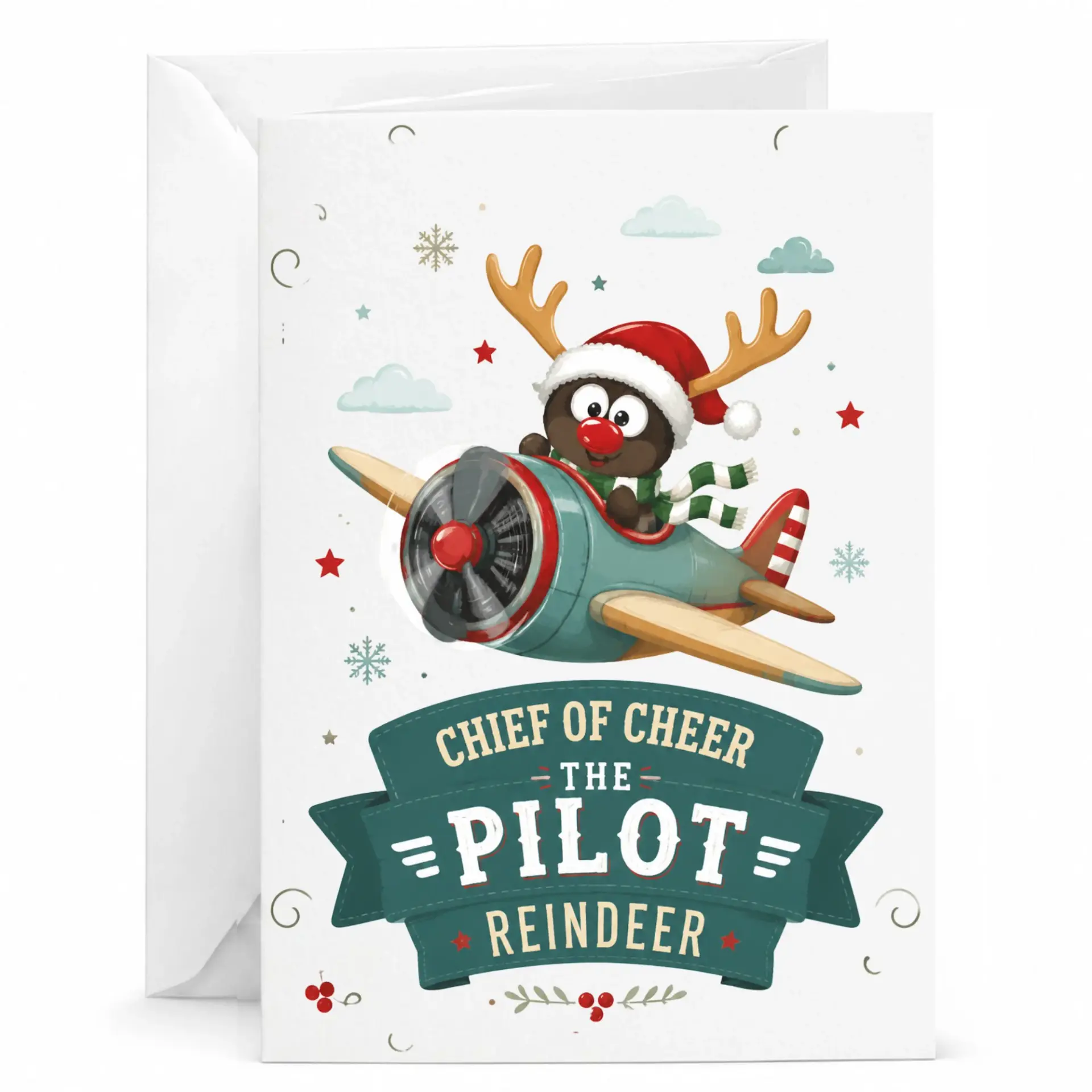 Funny Reindeer Pilot Greeting Card with Envelope for Holiday Cheer, Festive Aviation Theme Note Card 5x7 Inches