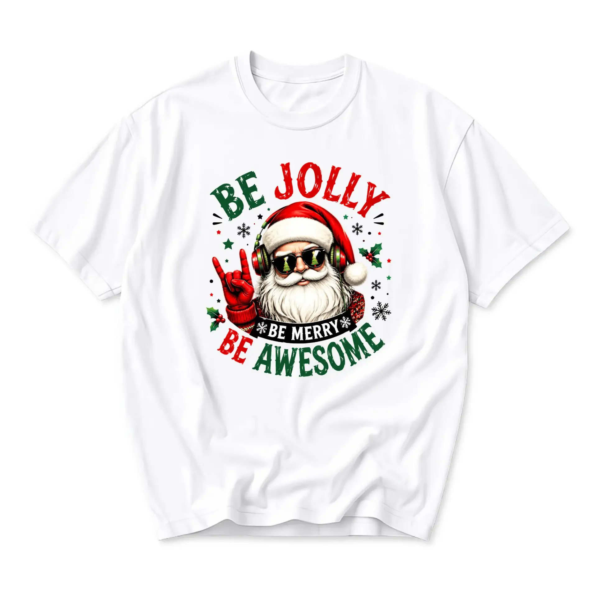 Funny Shirt Rocking Santa Graphic Tee Be Jolly Be Merry Be Awesome Christmas Holiday Unisex Crew Neck T-Shirt