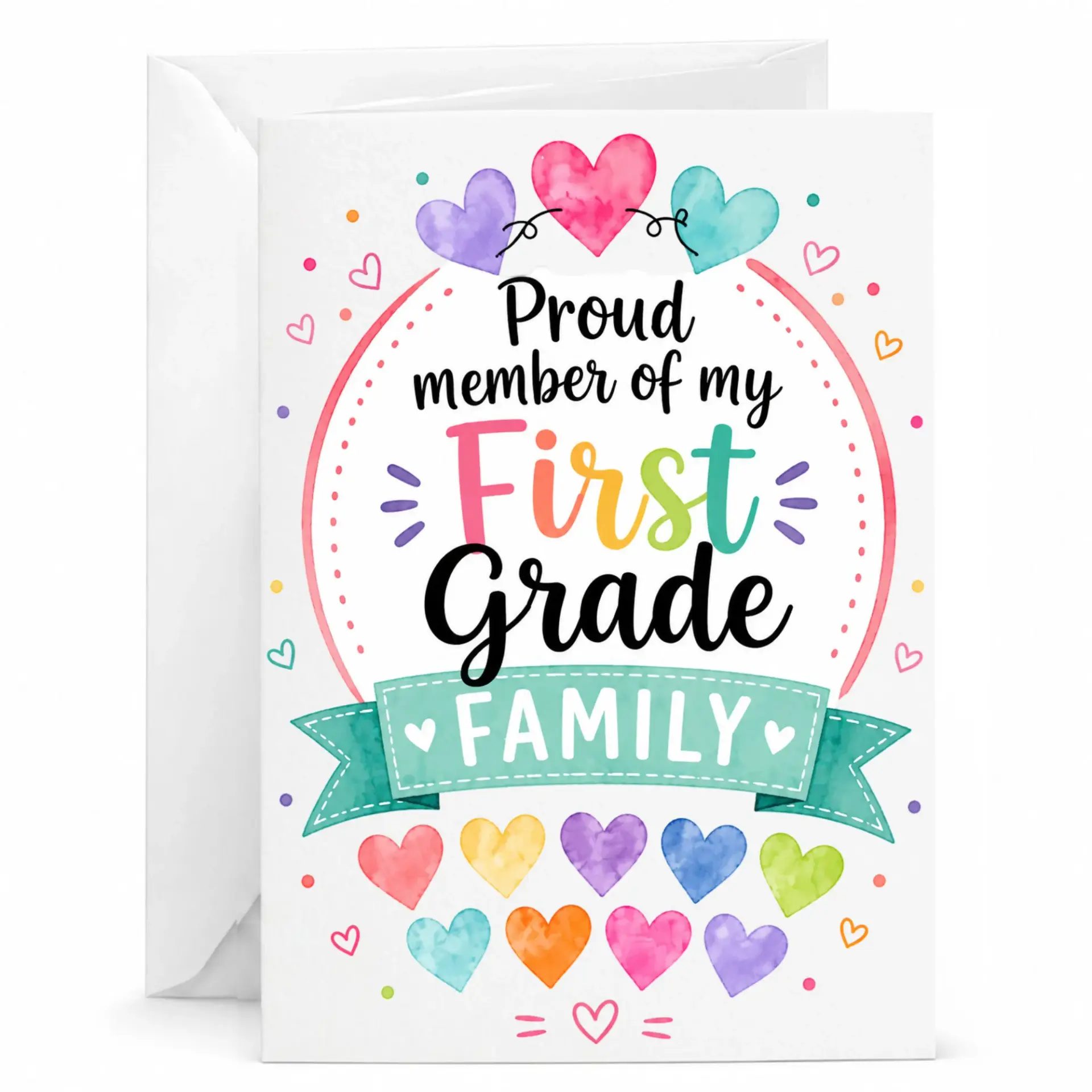 Greeting Card Proud Member of My First Family Colorful Watercolor Heart Design 5x7 Inches Folded Stationary