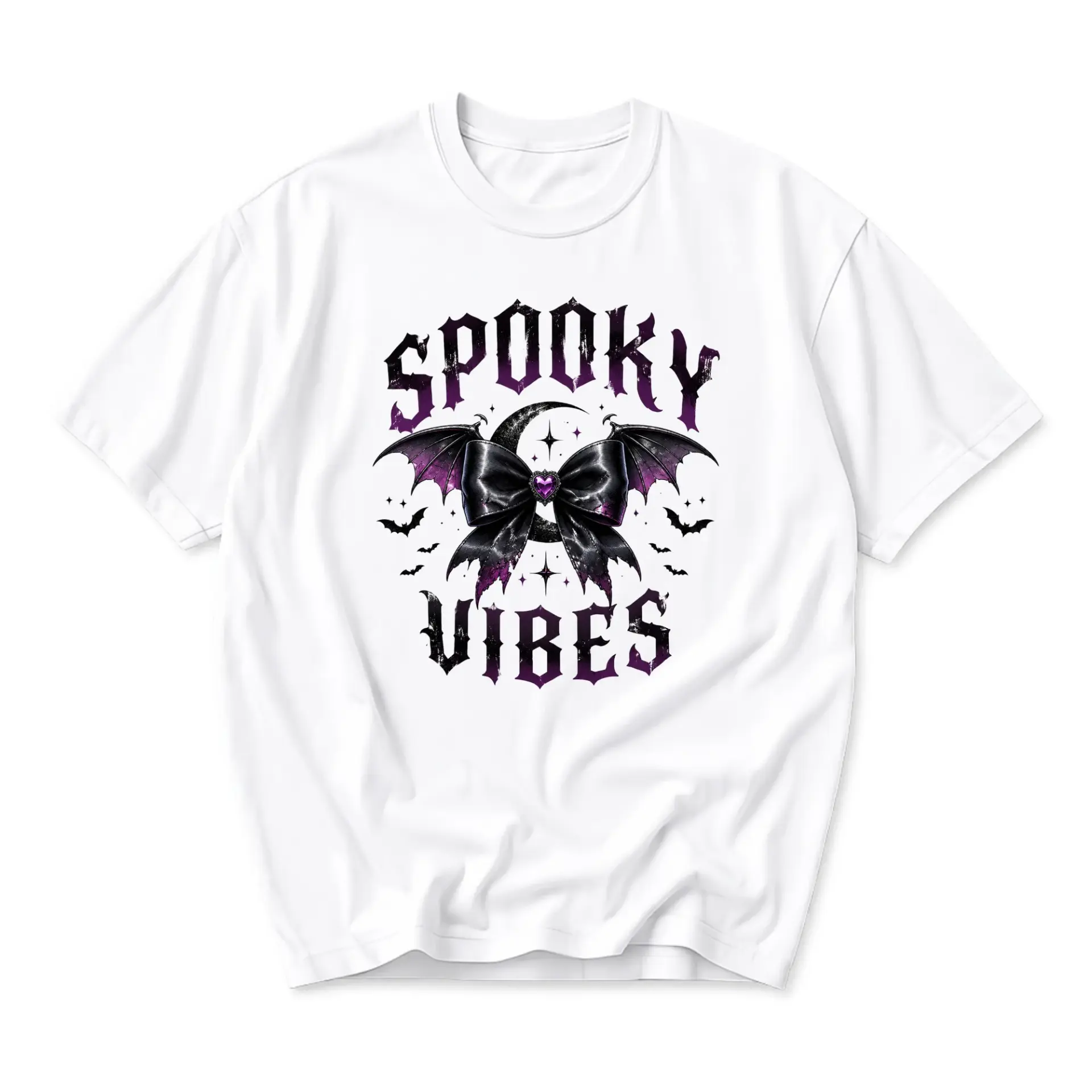 Graphic Tee Spooky Vibes Bat Wing Bow Gothic Moon Print Unisex Crew Neck Casual Cotton Short Sleeve Shirt for Everyday