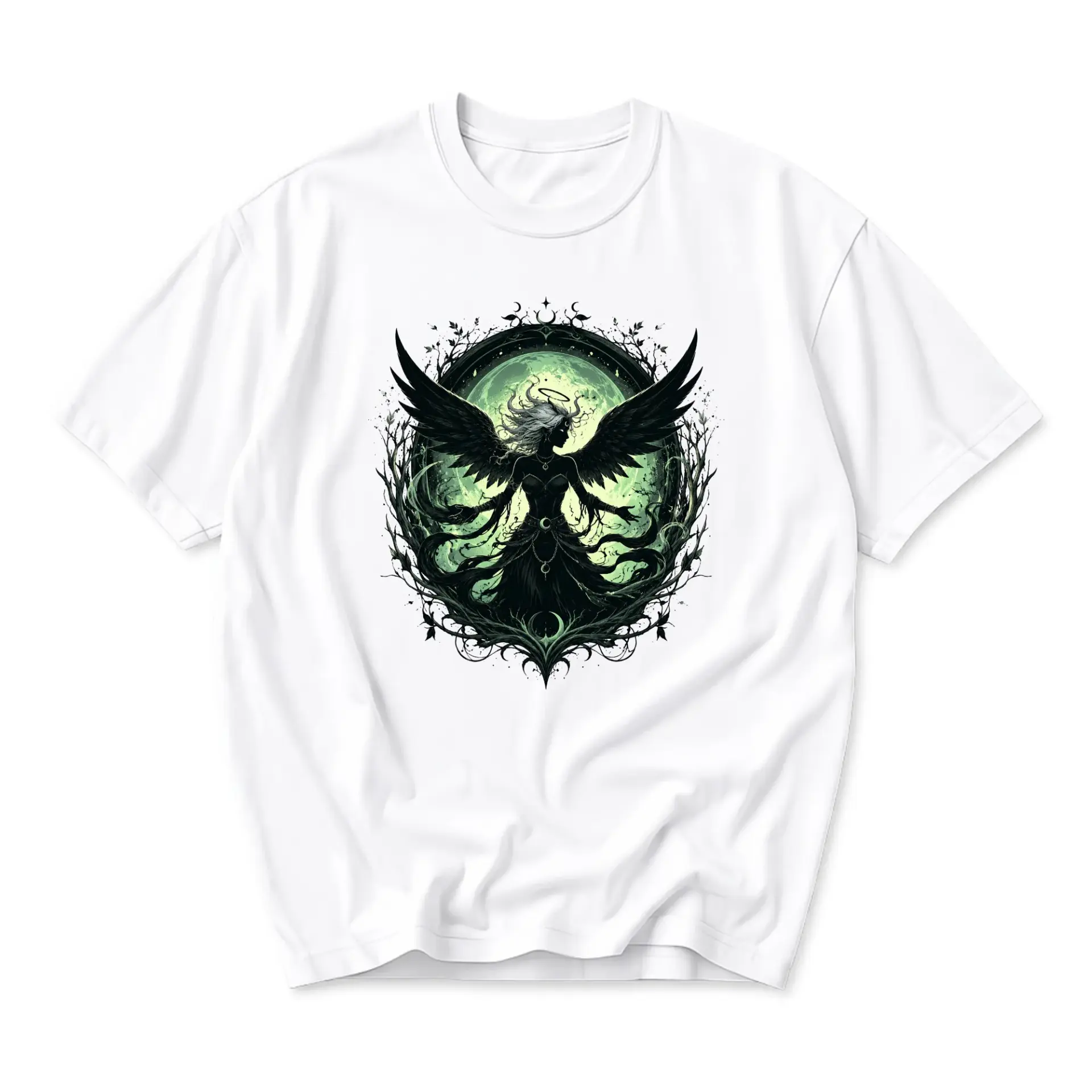 Graphic Tee Unisex Crew Neck T-Shirt Featuring Dark Fantasy Angel Silhouette Art in Ornate Celestial Frame
