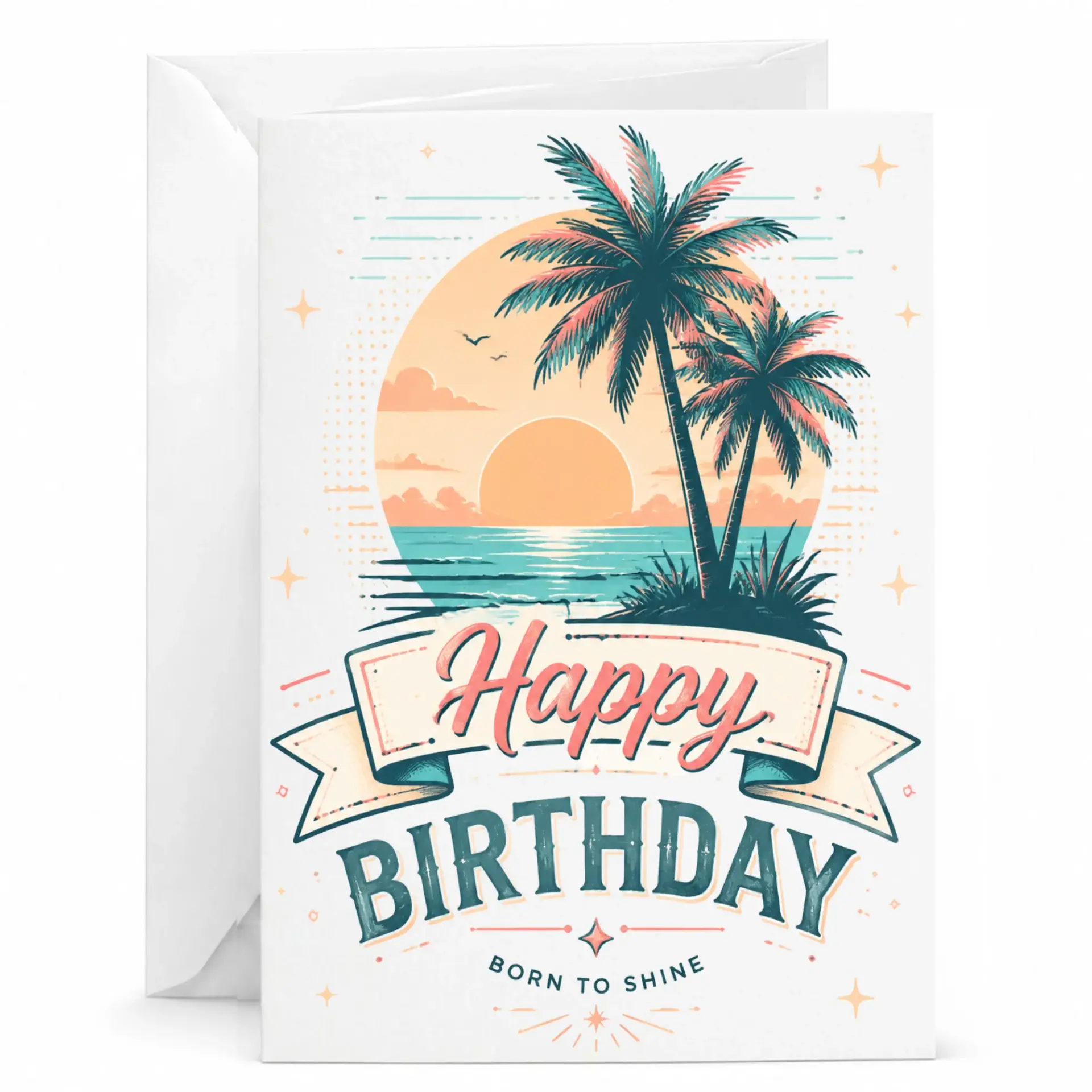 Happy Birthday Card Tropical Sunset Design Premium Greeting Card with White Envelope for Special Celebrations