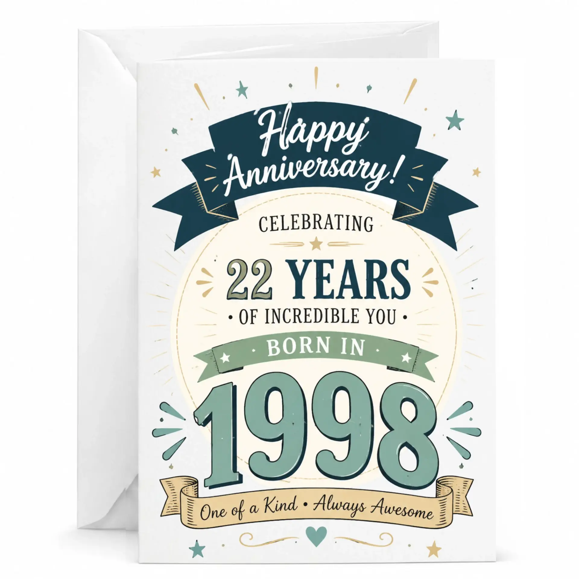Greeting Card for 22nd Anniversary 1998 Milestone Celebration Vintage Style Design Printed Note Card with White Envelope