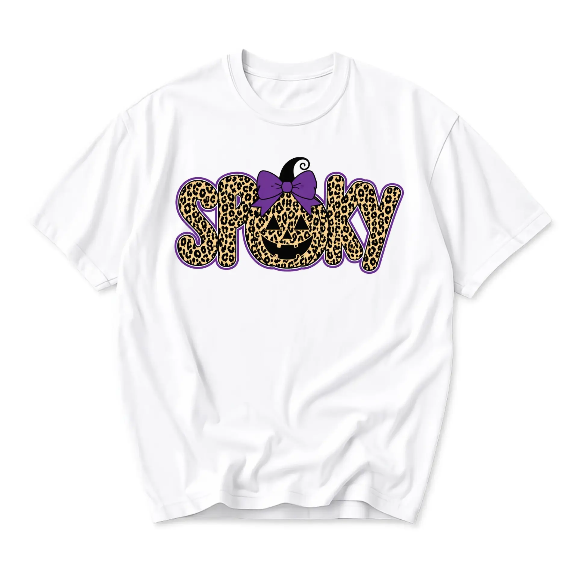 Graphic Tee Spooky Pumpkin Leopard Print Design Unisex Cotton Crew Neck Short Sleeve Casual Fall Holiday Shirt