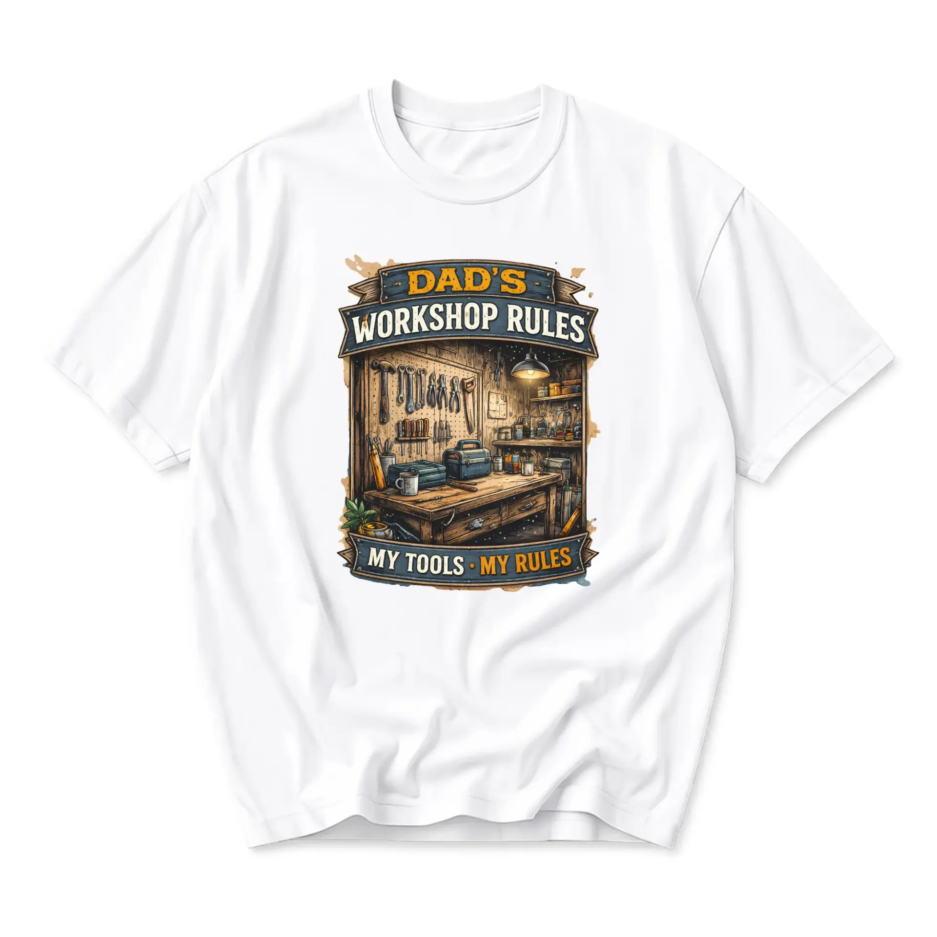 Funny Shirt Dad Workshop Rules Graphic Tee Custom Printed Unisex Short Sleeve Casual Apparel for Everyday Comfort