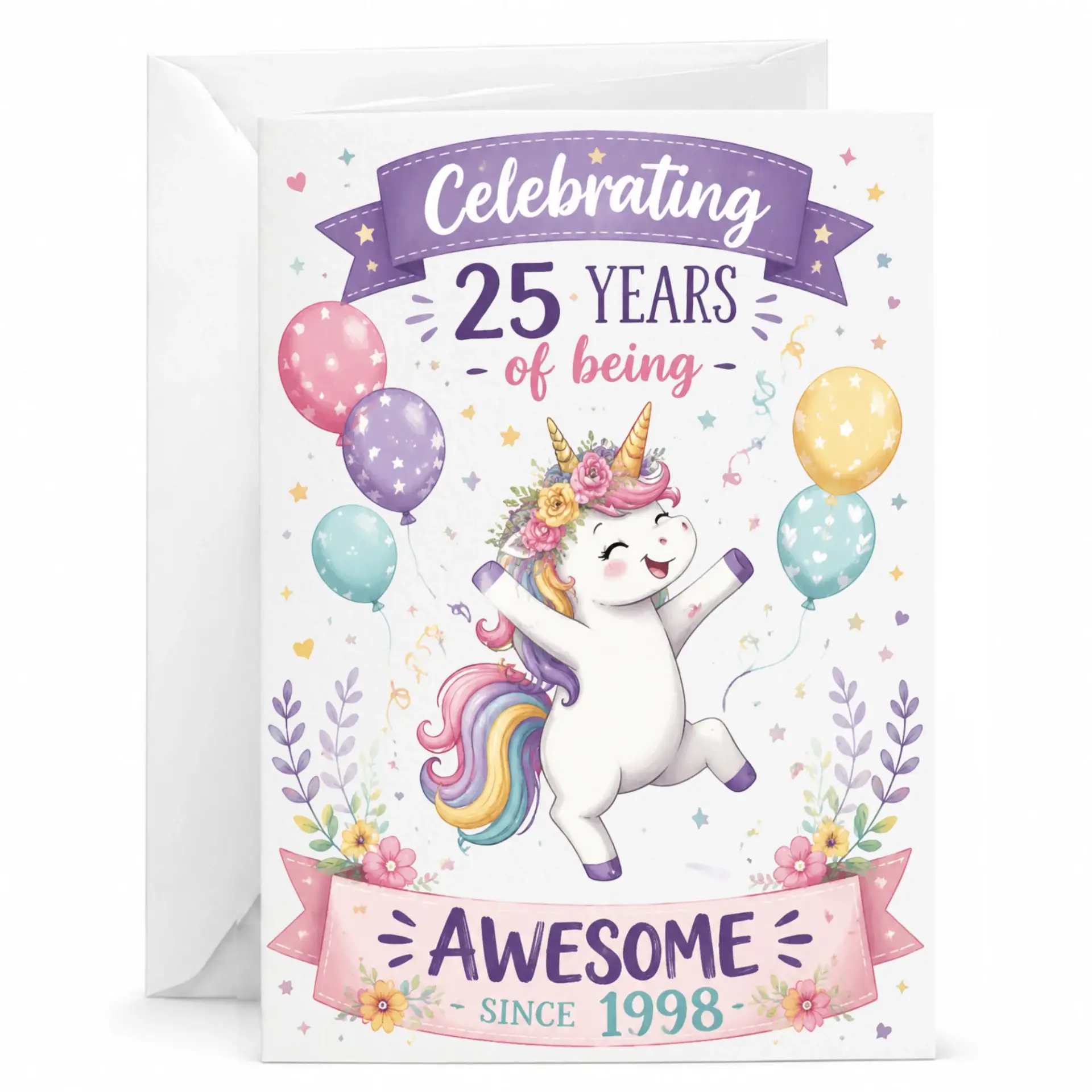 Greeting Card for 25th Birthday Celebrating 25 Years of Being Awesome Since 1998 Cute Unicorn Floral Balloon Design