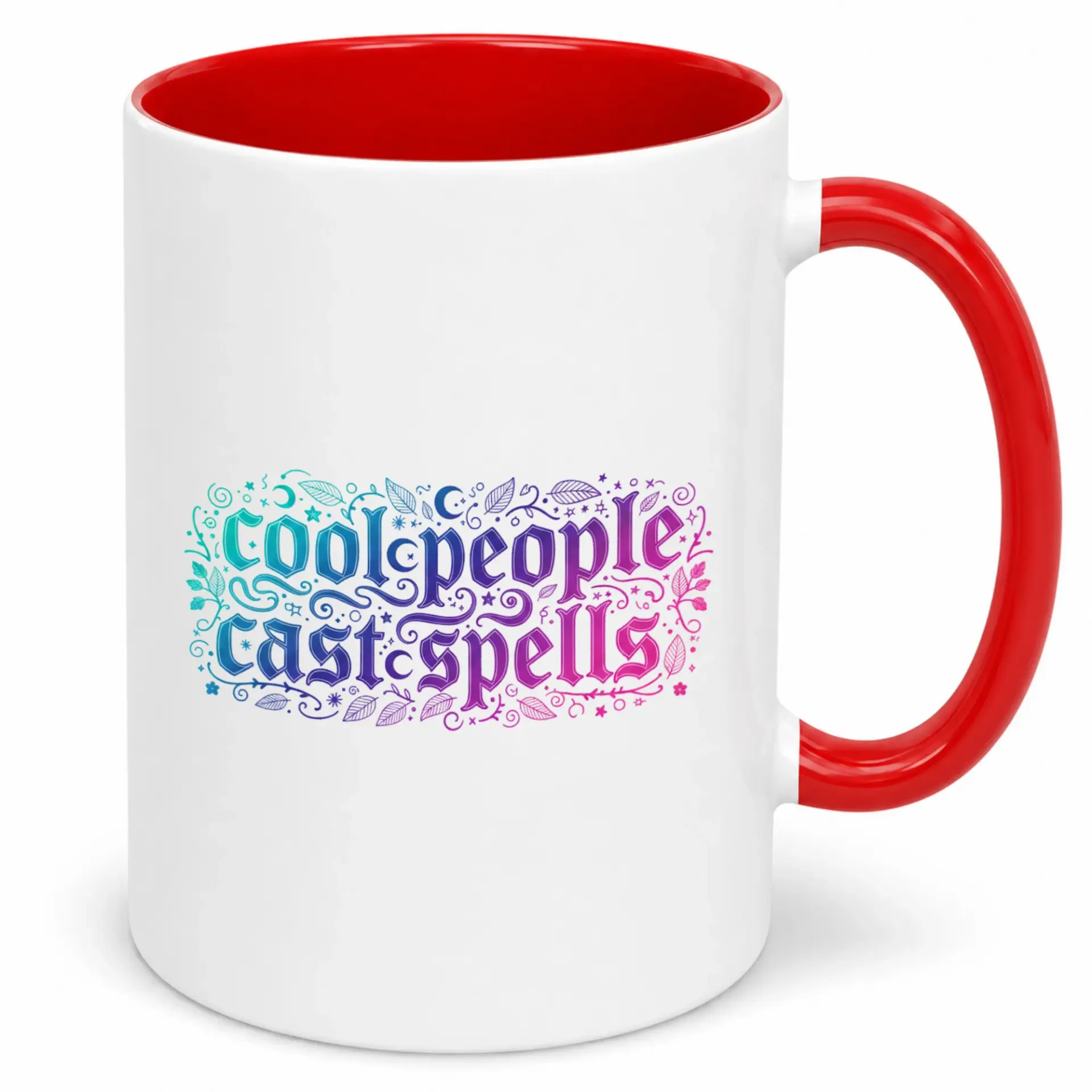 Funny Ceramic Coffee Mug Cool People Cast Spells Design Vibrant Gradient Colors Mystical Drinkware with Red Handle and Interior Gift