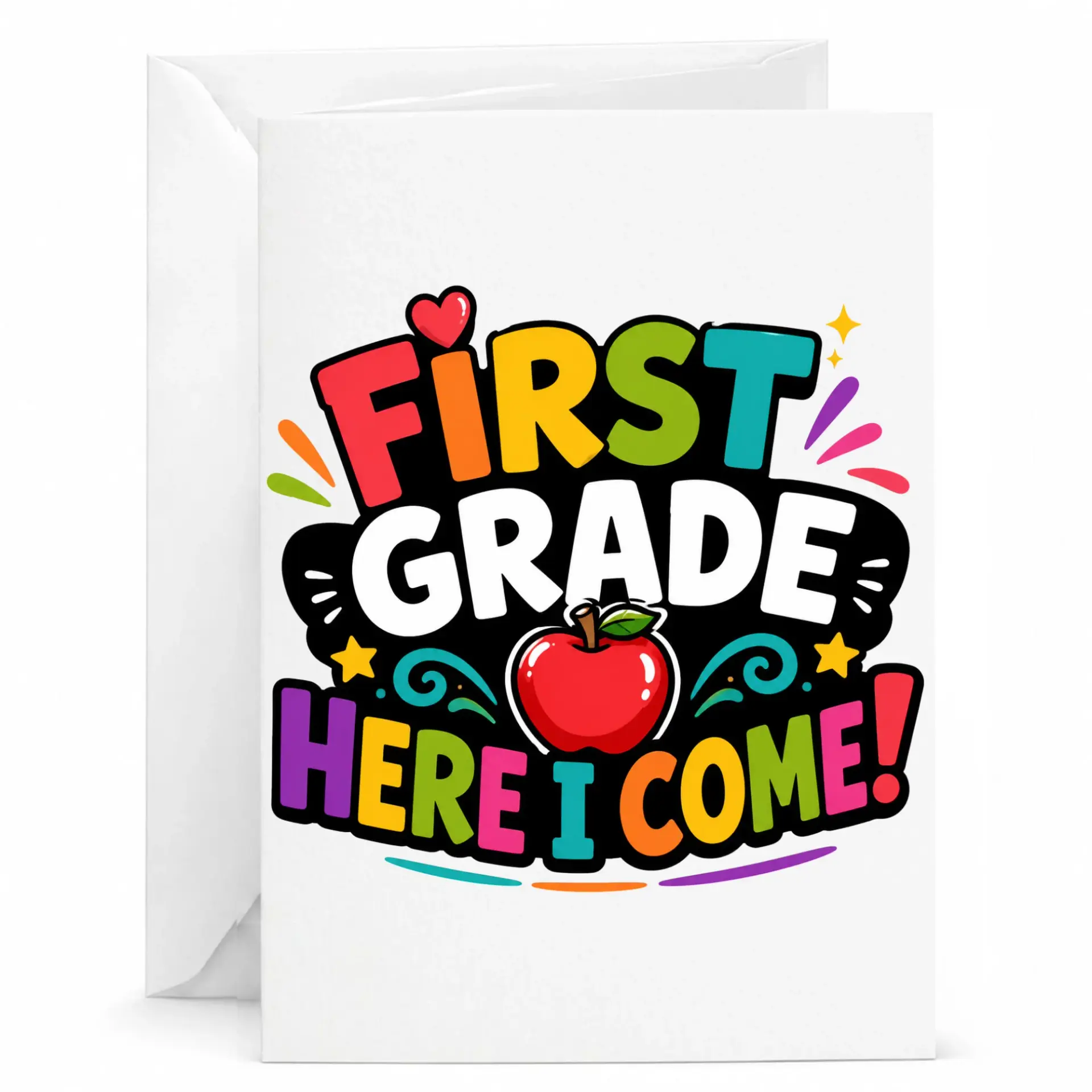 Greeting Card First Here I Come Colorful School Themed Illustration Stationary for Milestone Accomplishments