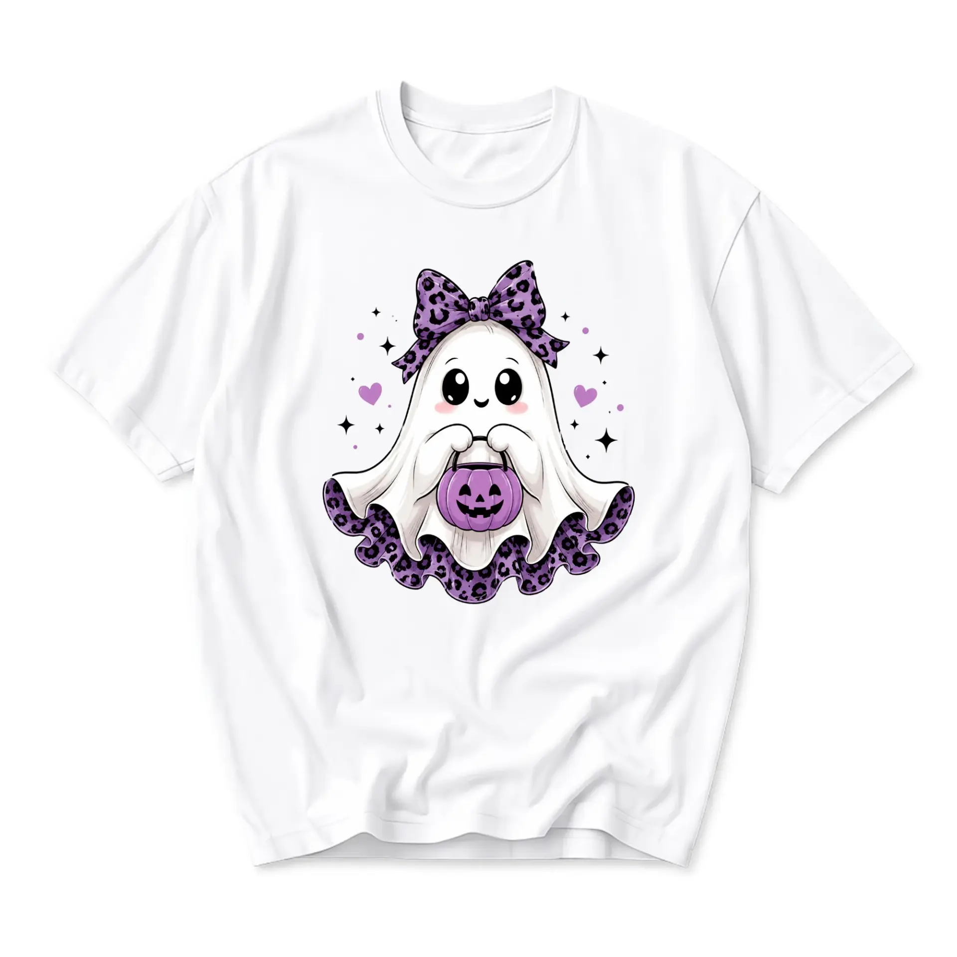 Graphic Tee Cute Ghost Wearing Leopard Print Bow Holding Pumpkin Bucket for Seasonal Casual Wear Unisex Apparel
