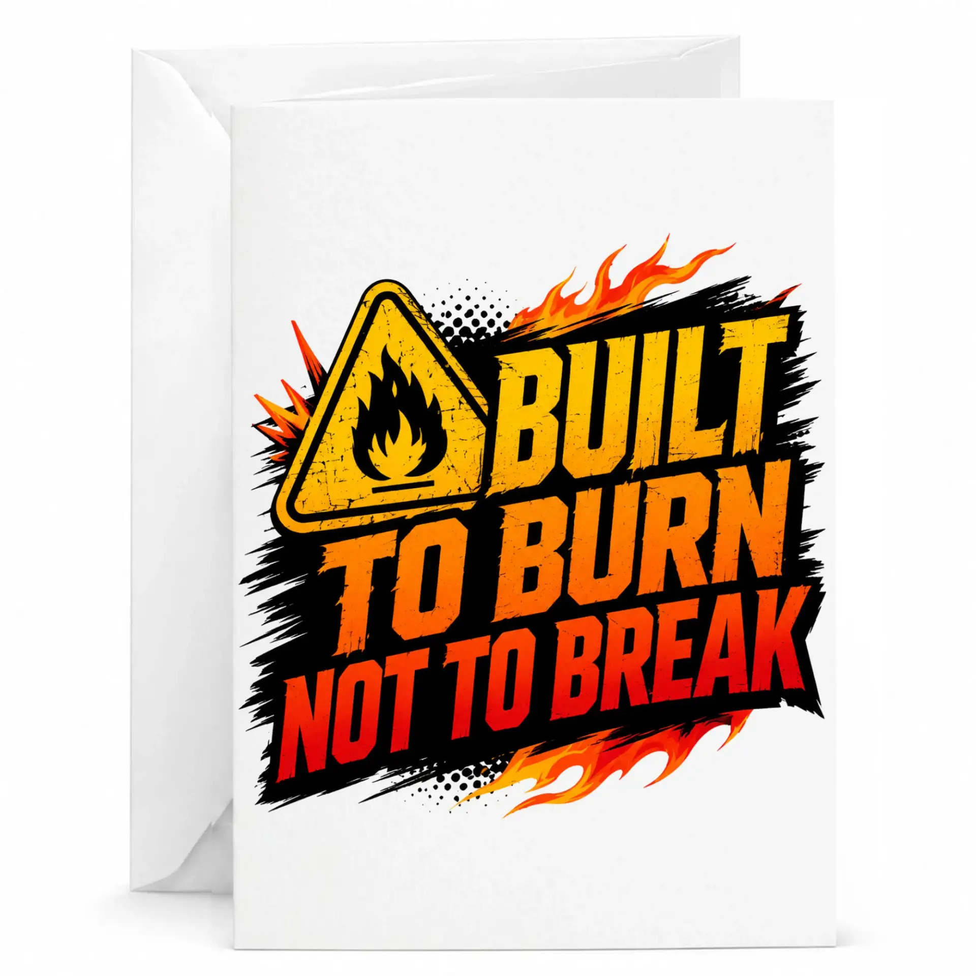 Funny Greeting Card Built to Burn Not to Break Featuring Fire Graphic for Enthusiasts and Motivational Message