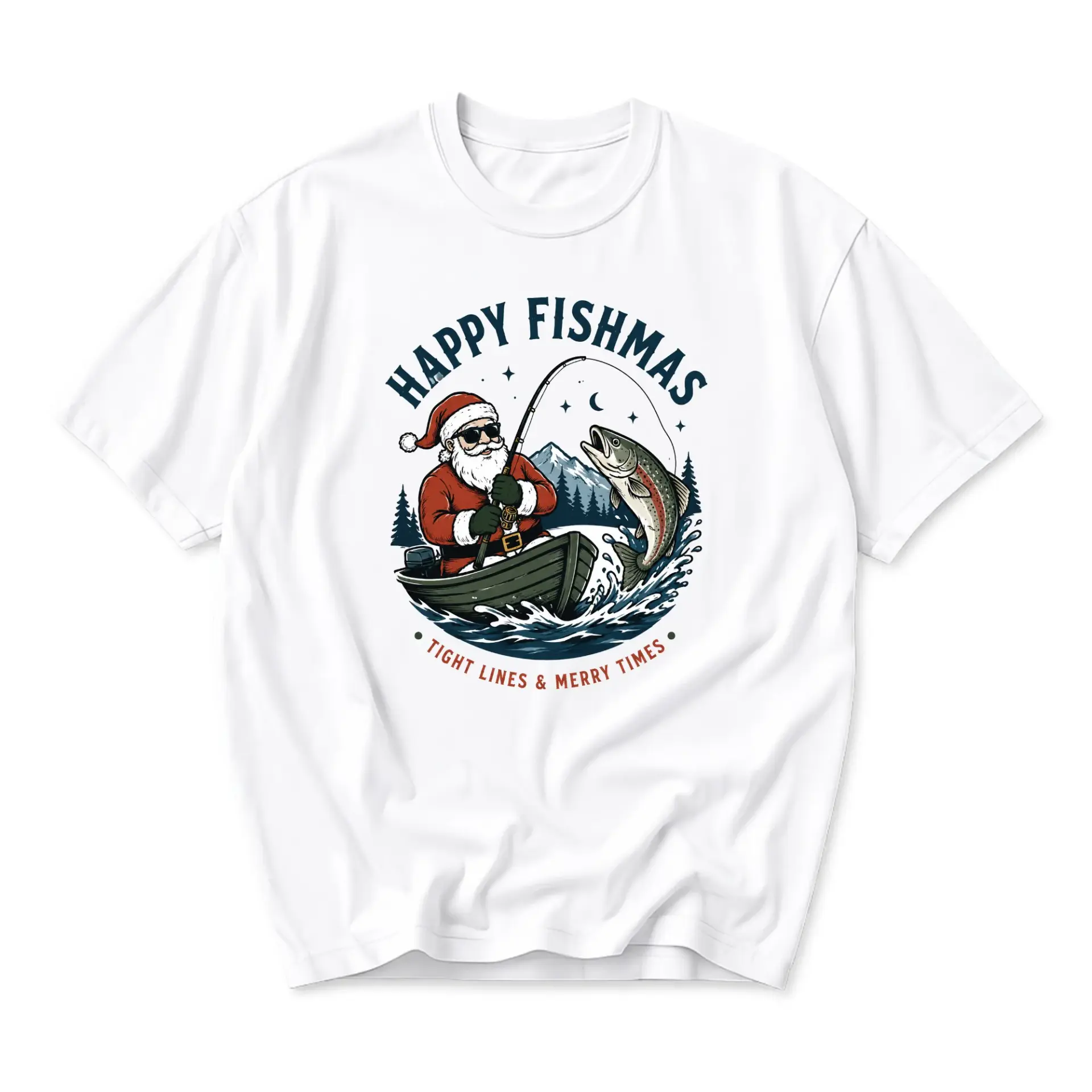 Funny Shirt Happy Fishmas Fishing Santa Graphic Tee Holiday Fisherman Gift Unisex Crew Neck Short Sleeve Casual Top