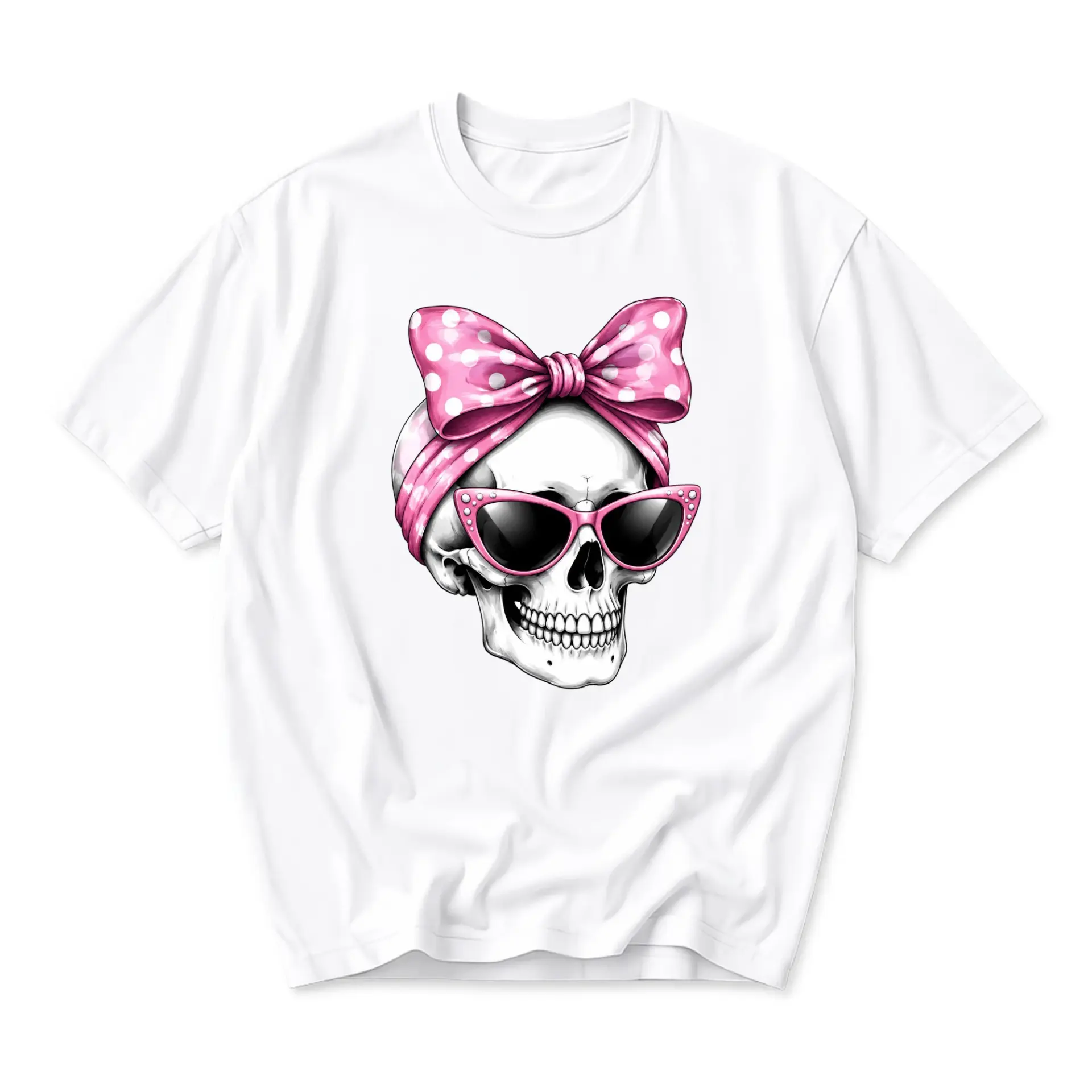 Graphic Tee Skull with Pink Polka Dot Bow and Sunglasses Trendy Fashion Unisex Crew Neck Short Sleeve Shirt