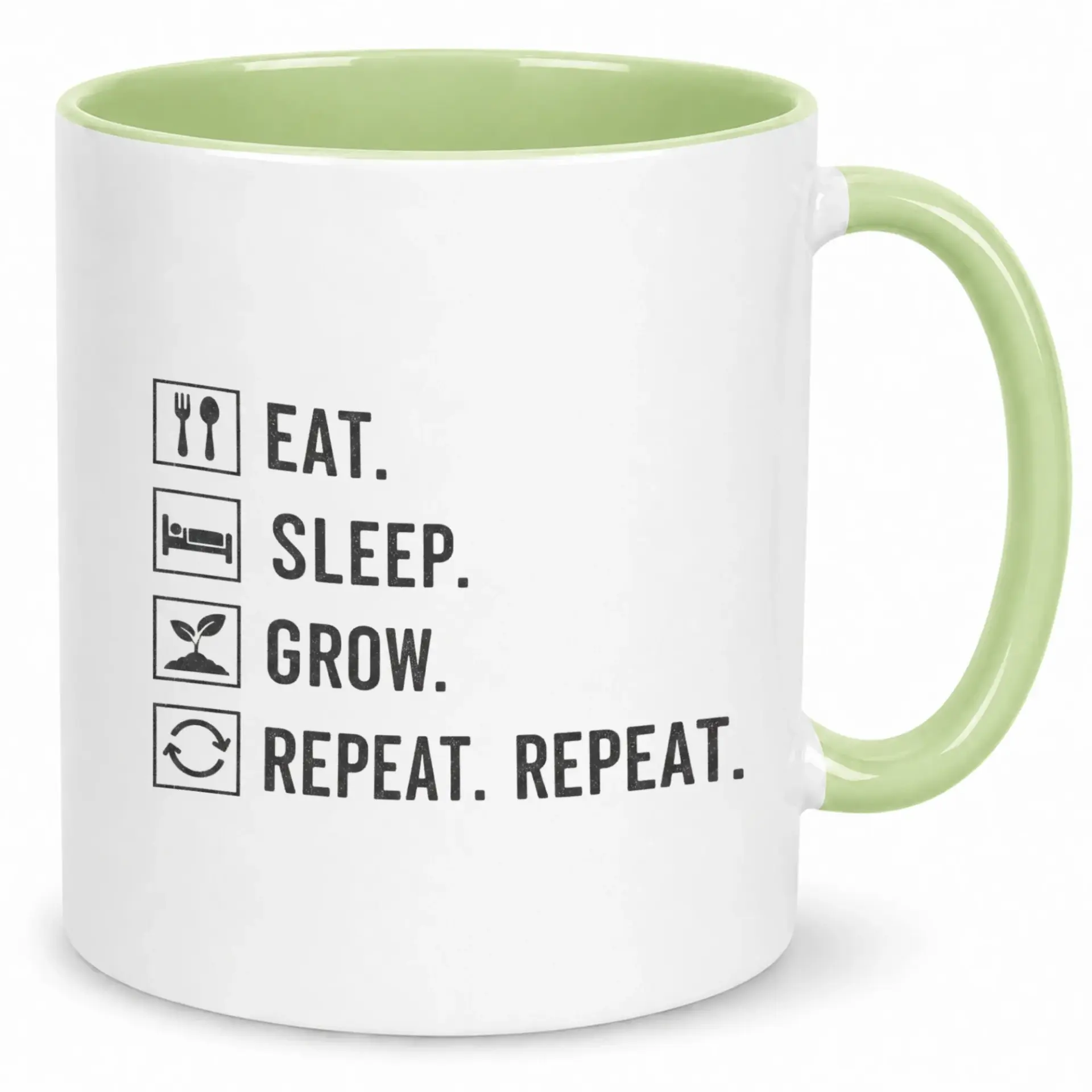 Funny Coffee Mug for Gardeners and Plant Lovers Eat Sleep Grow Repeat Motivational Ceramic Drinkware Cup 11oz or 15oz Glossy Finish