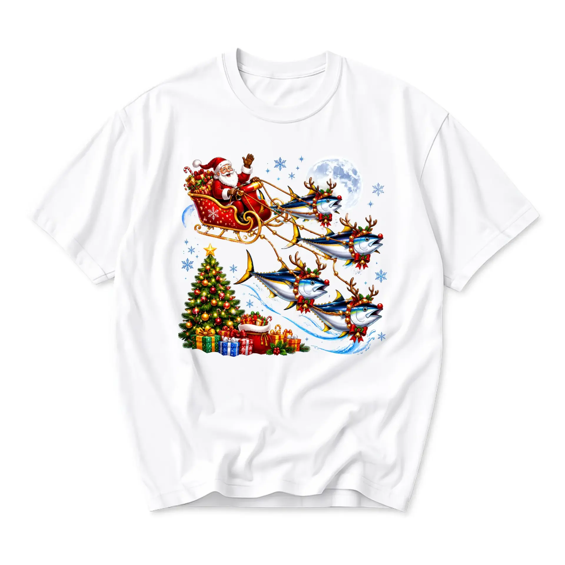 Funny Shirt Christmas Sleigh Graphic Tee Featuring Santa Claus Riding with Fish Reindeer Holiday Crew Neck Top