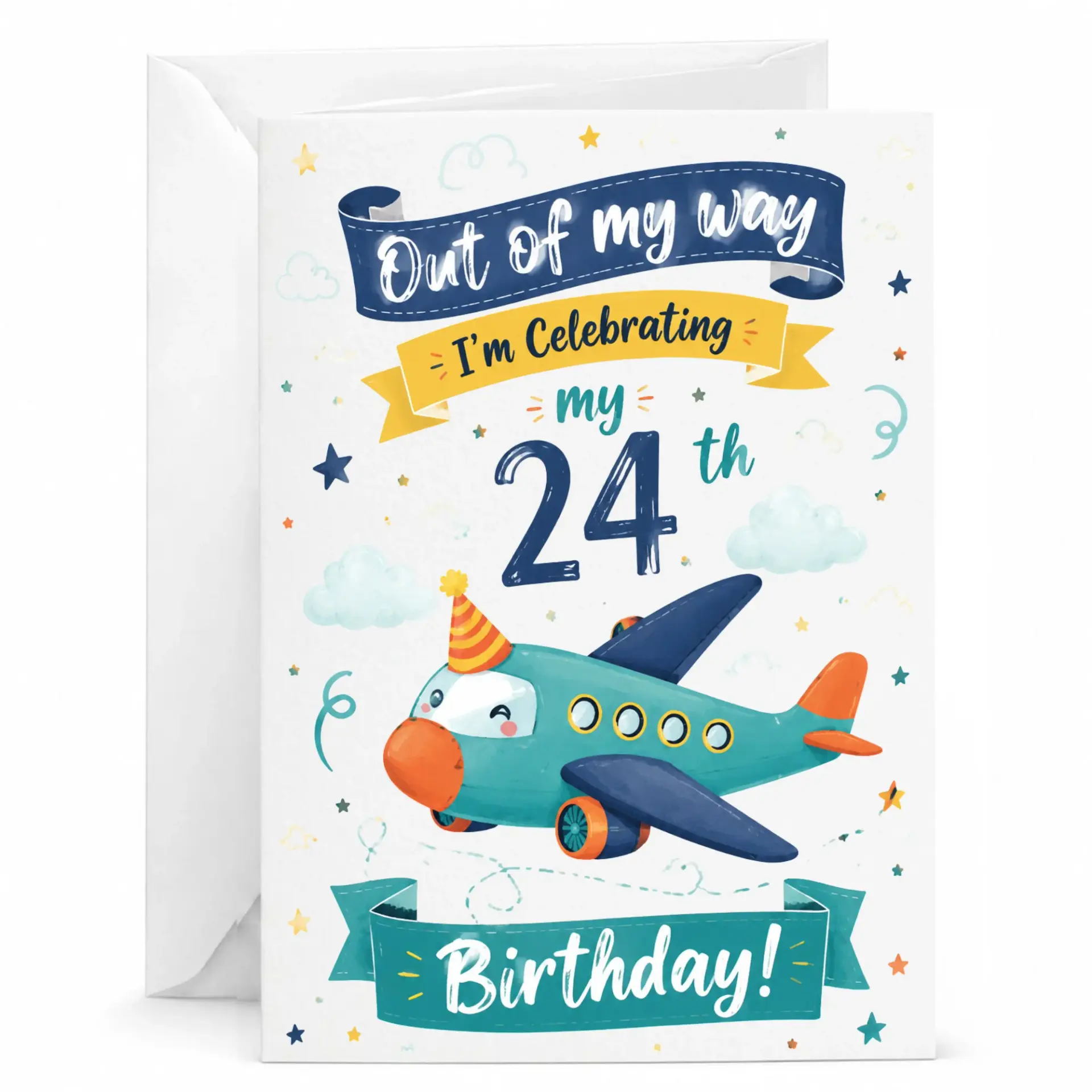 Funny Birthday Card for 24th Birthday Cute Airplane Illustration Greeting Card with Envelope for Friends and Family