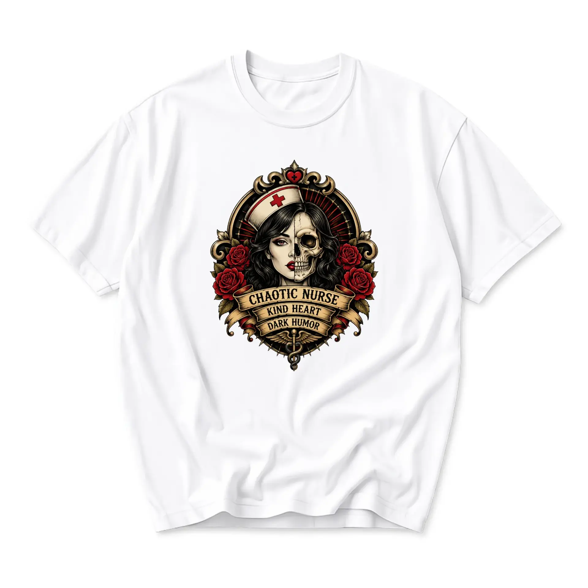 Graphic Tee Chaotic Nurse Kind Heart Dark Humor Unisex Crew Neck Shirt for Casual Everyday Wear and Self Expression