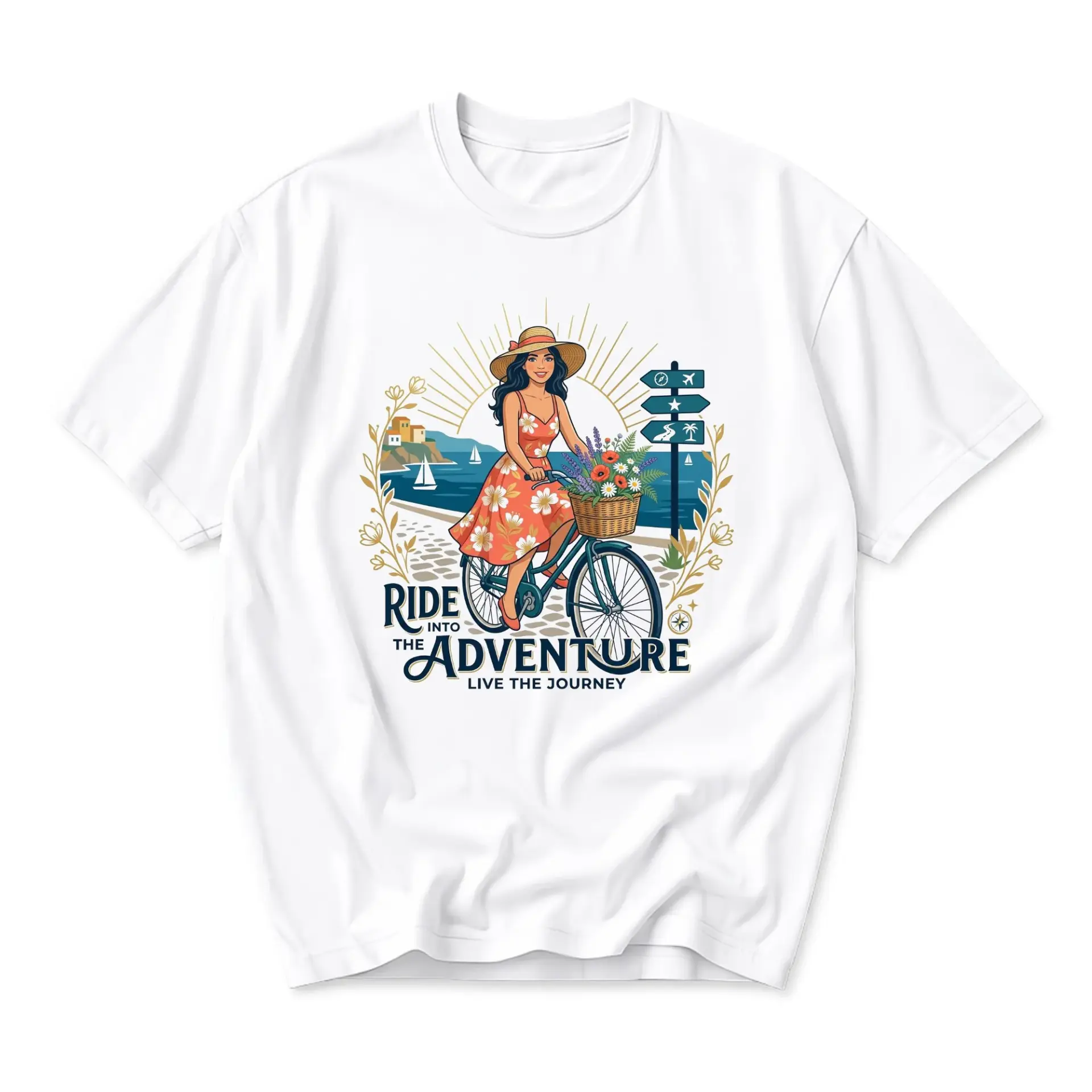 Graphic Tee Ride into the Adventure Live the Journey Floral Bicycle Illustration Unisex Casual Crew Neck T-Shirt
