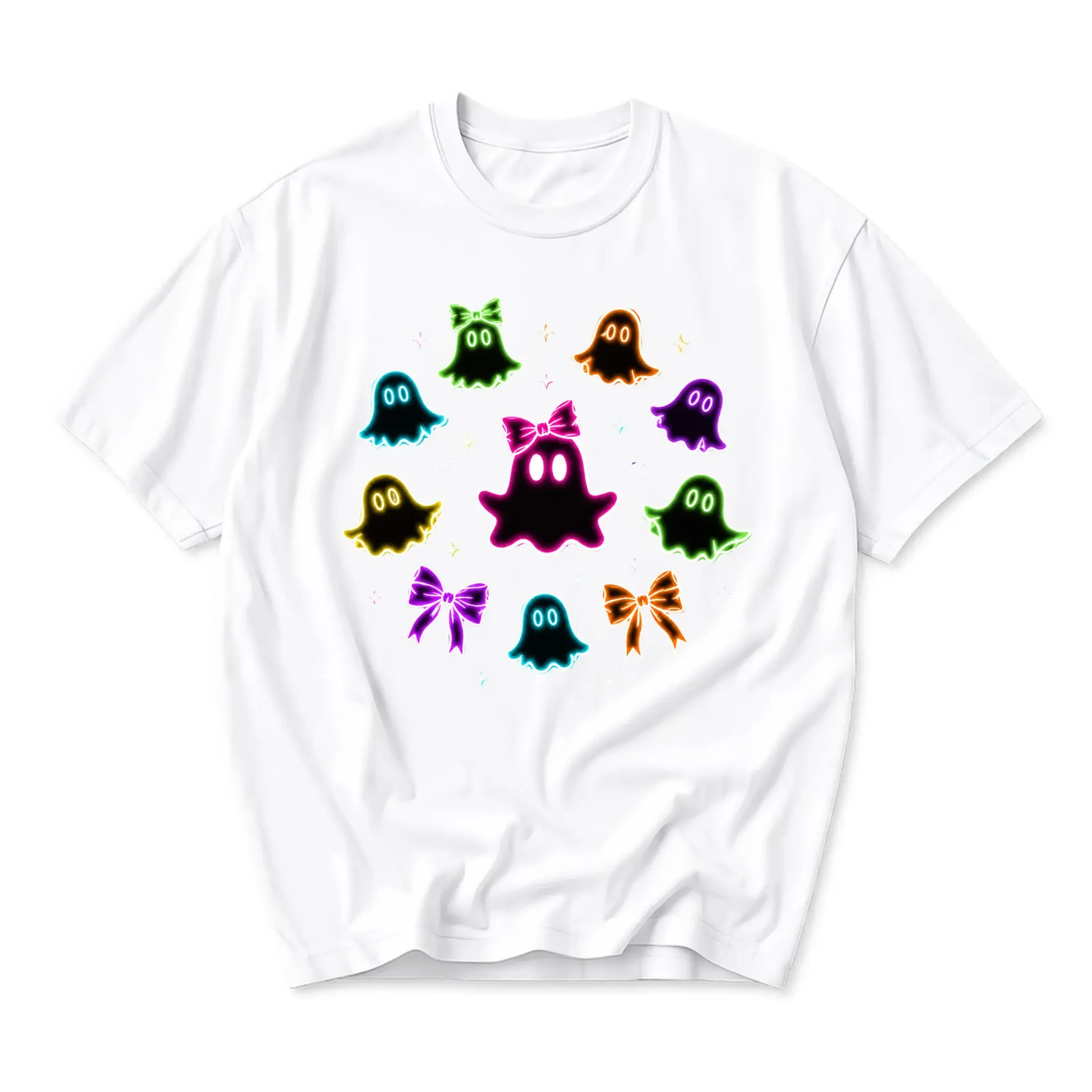 Graphic Tee Ghost and Bow Pattern Unisex Crew Neck Casual Cotton Shirt for Everyday Style and Fun Seasonal Apparel