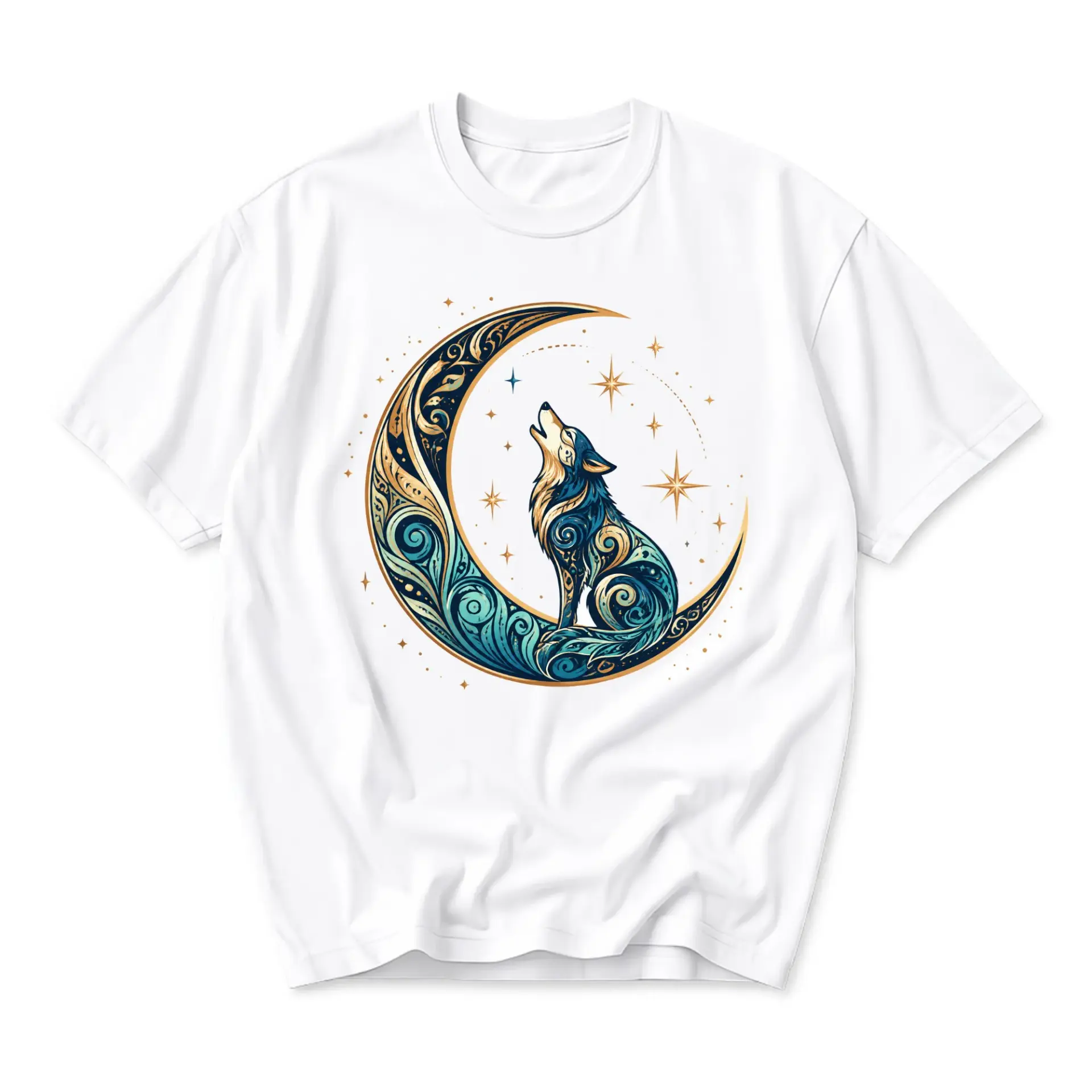 Graphic Tee Unisex Crew Neck T-Shirt Featuring Ornate Wolf and Crescent Moon Celestial Art Print Design