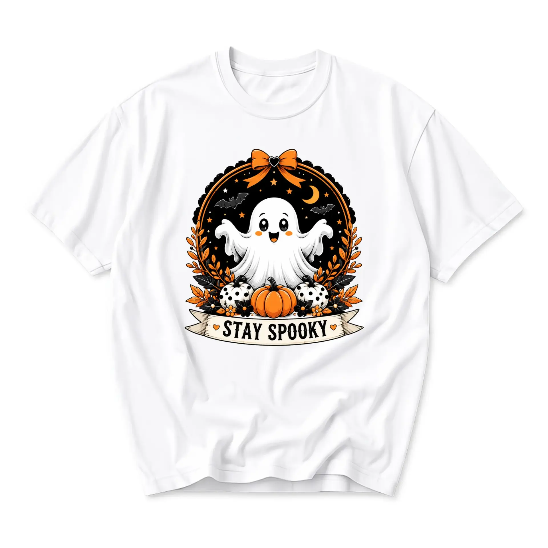 Graphic Tee Stay Spooky Halloween Ghost Unisex Shirt Cute Seasonal Fall Apparel Casual Crew Neck Cotton Blend Top