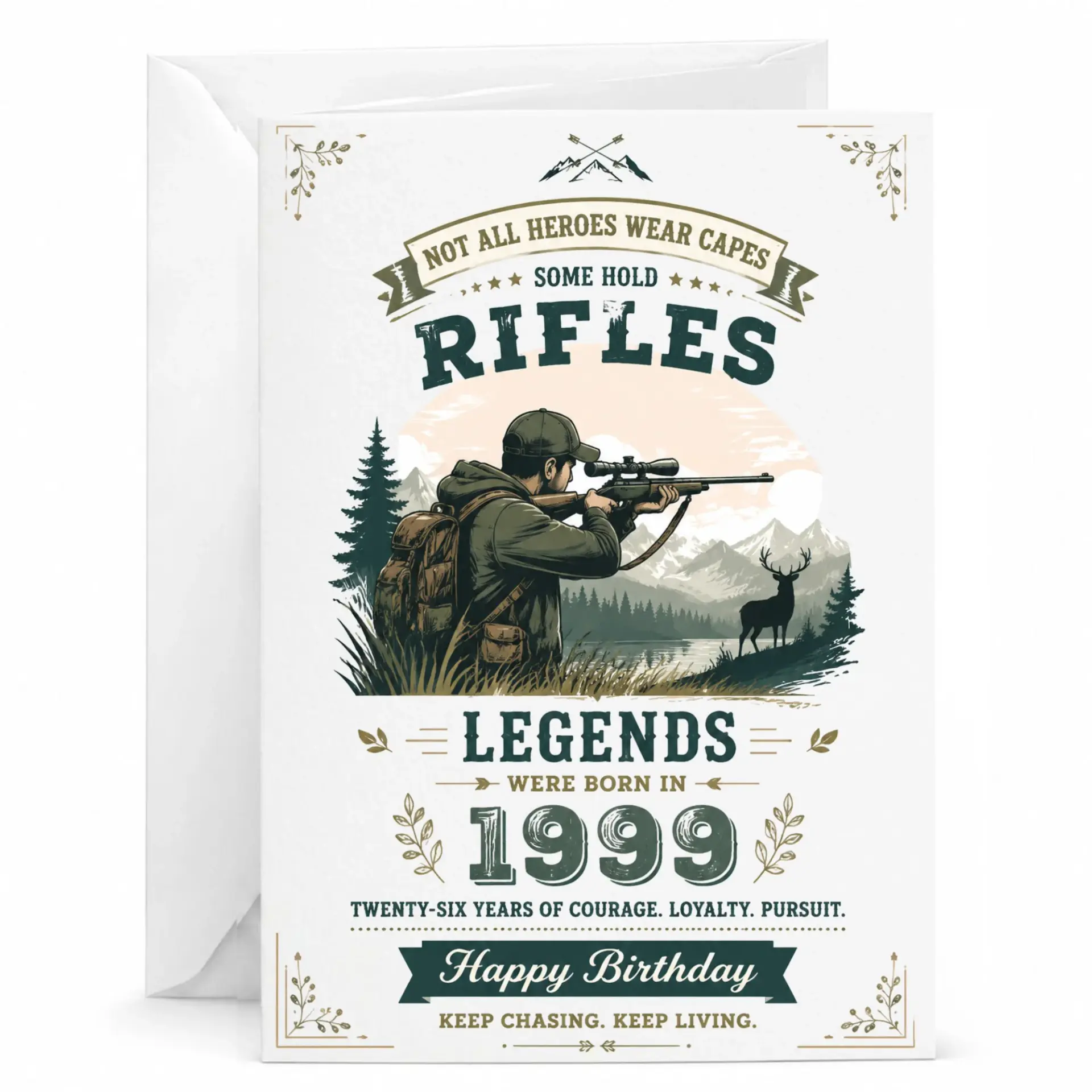 Funny Greeting Card for 26th Birthday Outdoors Hunter Design Born in 1999 Legend Theme Rifle Enthusiast Stationery
