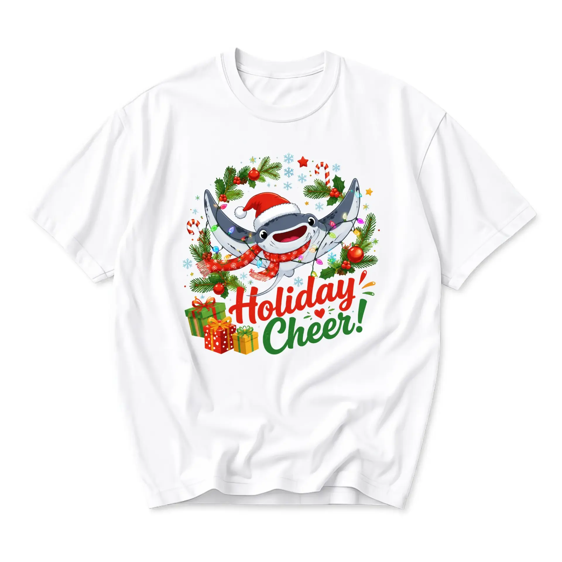 Graphic Tee Holiday Cheer Ray Fish Shirt Festive Apparel Unisex Crew Neck Short Sleeve Top White