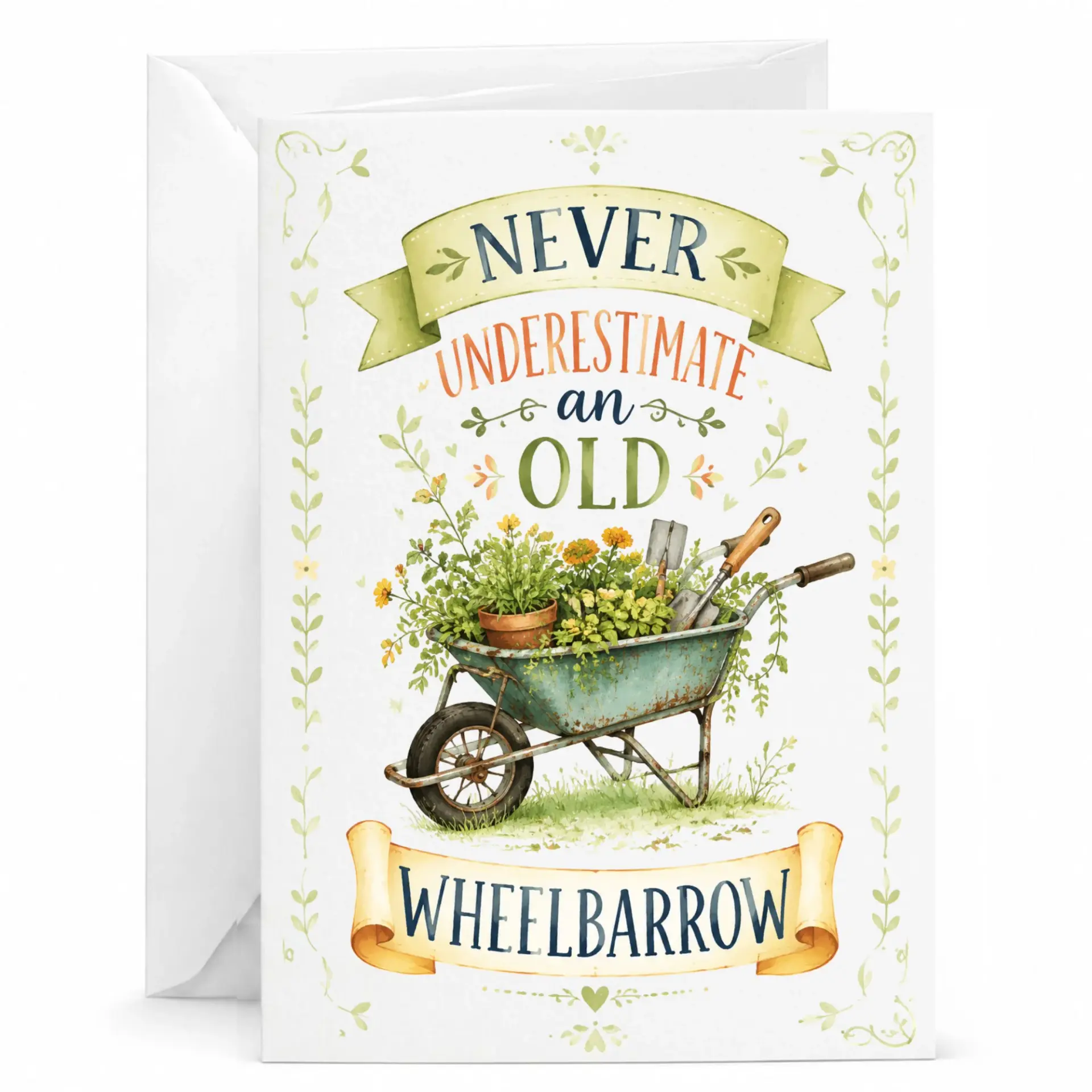 Funny Greeting Card Never Underestimate an Old Wheelbarrow Humorous Gardening Theme Design for Friends and Family
