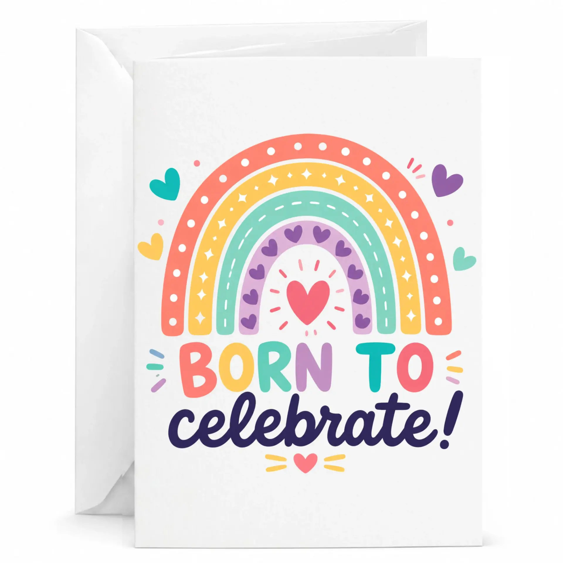 Greeting Card Born to Celebrate Rainbow Design with Hearts for Birthday Congratulations and Encouragement Occasions