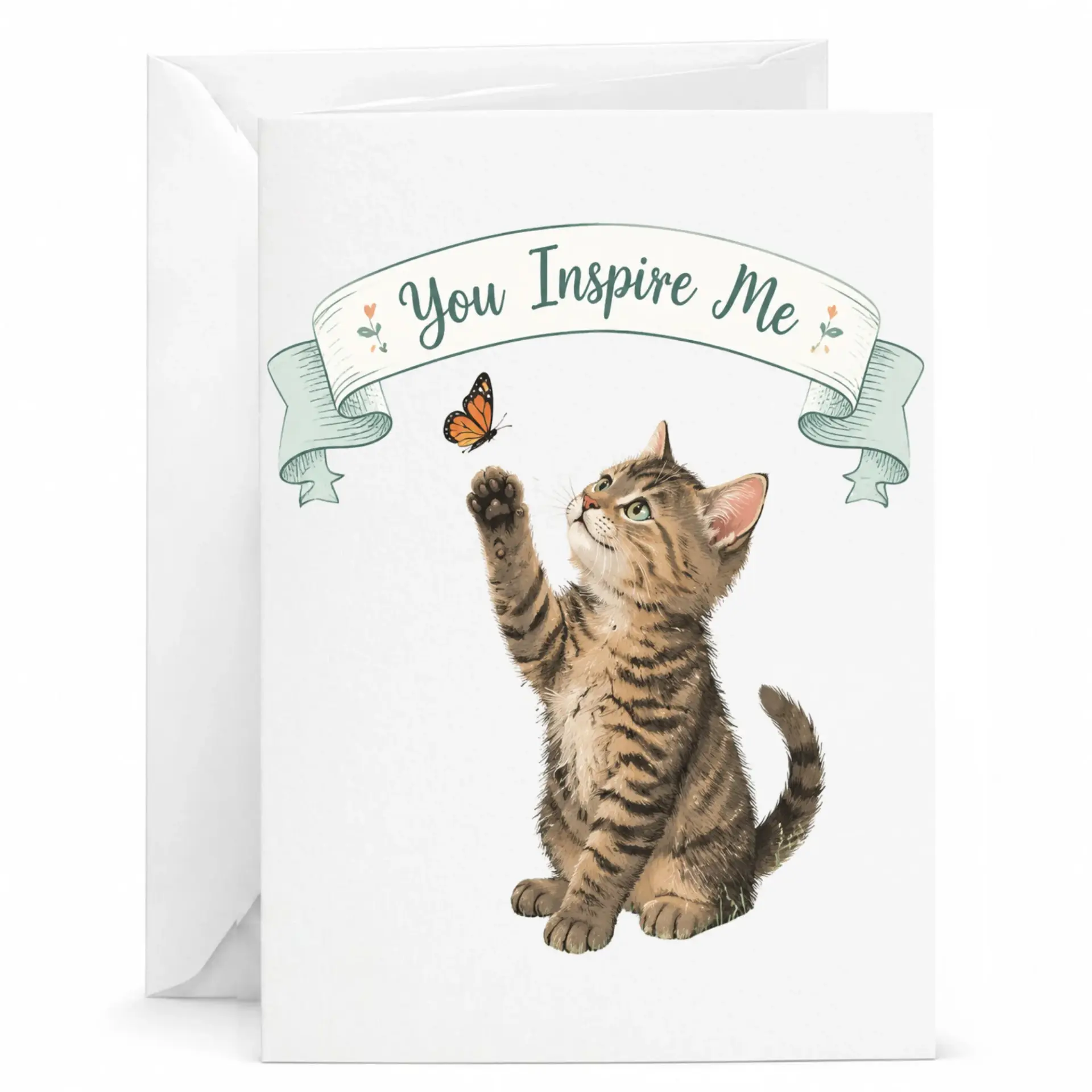 Greeting Card with Cute Tabby Kitten and Butterfly Illustration Featuring You Me Sentiment for Any Occasion