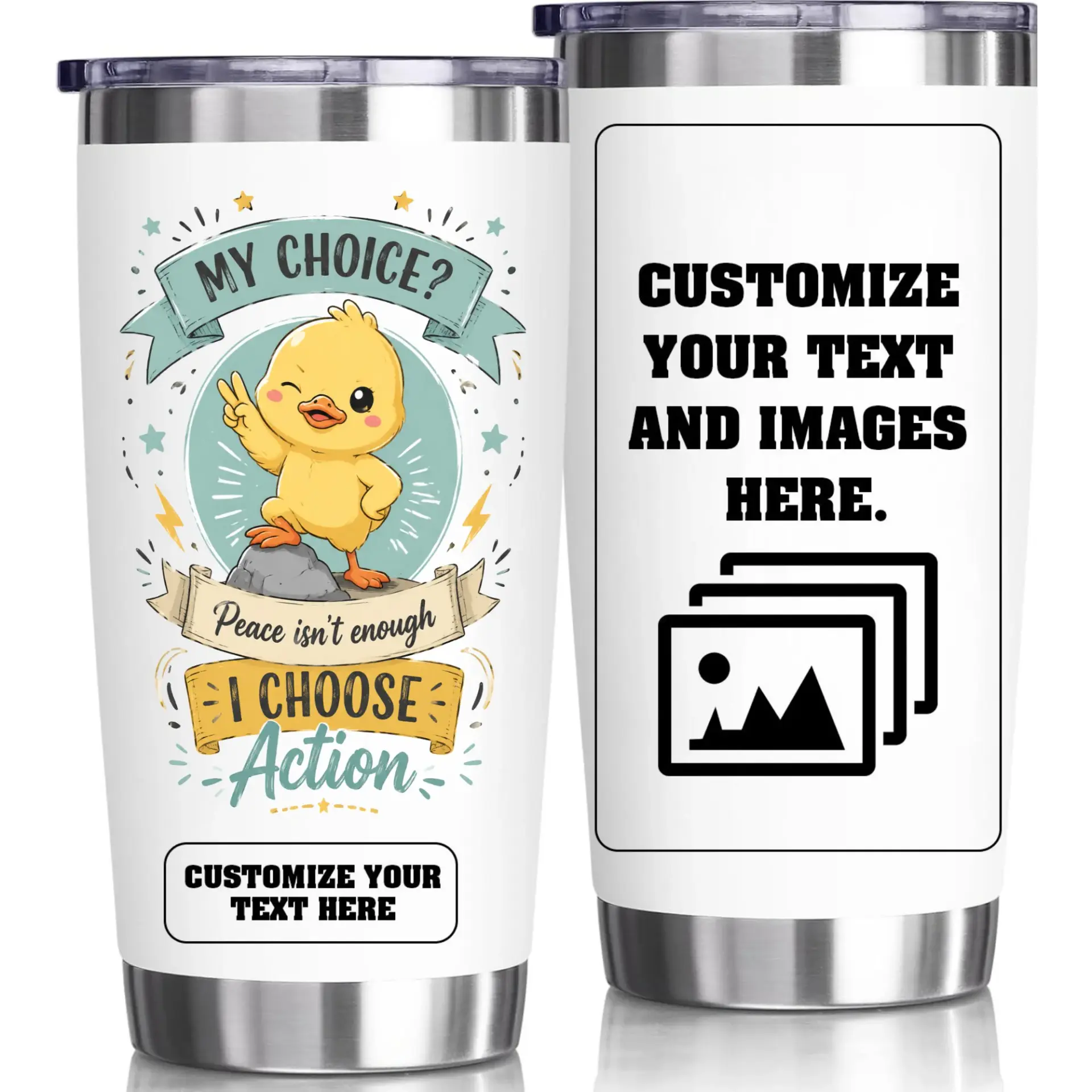 Stainless Steel Tumbler 20oz Vacuum Insulated Travel Cup with Custom Duck Graphic and Personalizable Text Area