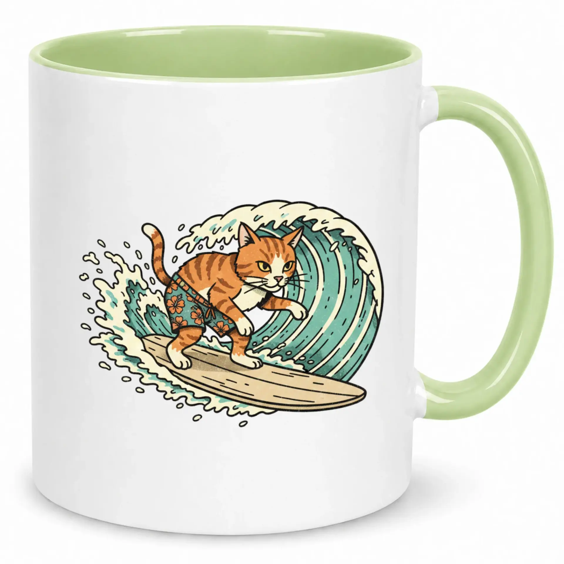Funny Cat Surfing Coffee Mug Ceramic Novelty Animal Lover Drinkware Beach Ocean Themed Gift for Friends Family Coworkers