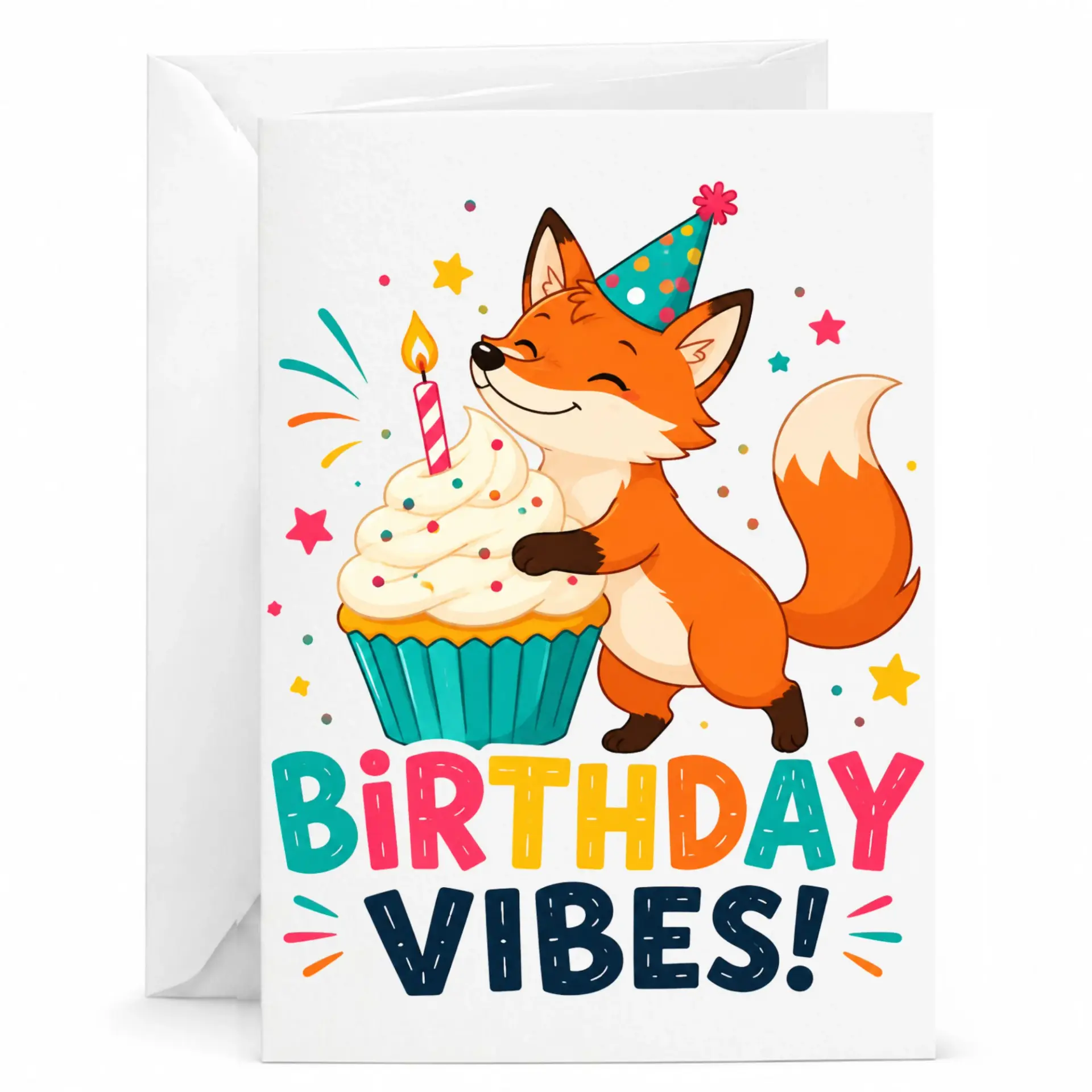 Birthday Card Birthday Vibes Fox Featuring Cute Cartoon Illustration for Celebrations and Special Occasions