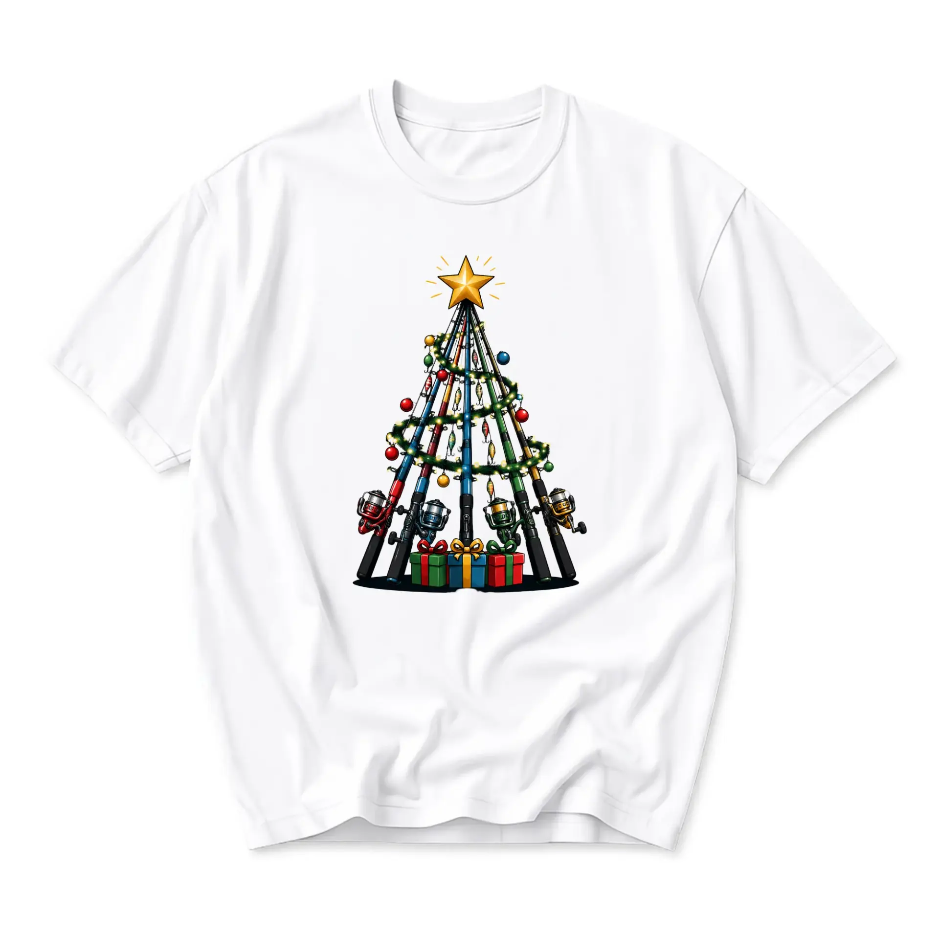 Funny Shirt Fishing Rod Christmas Tree Graphic Tee Unisex Casual Apparel for Outdoor Enthusiasts and Holiday Season