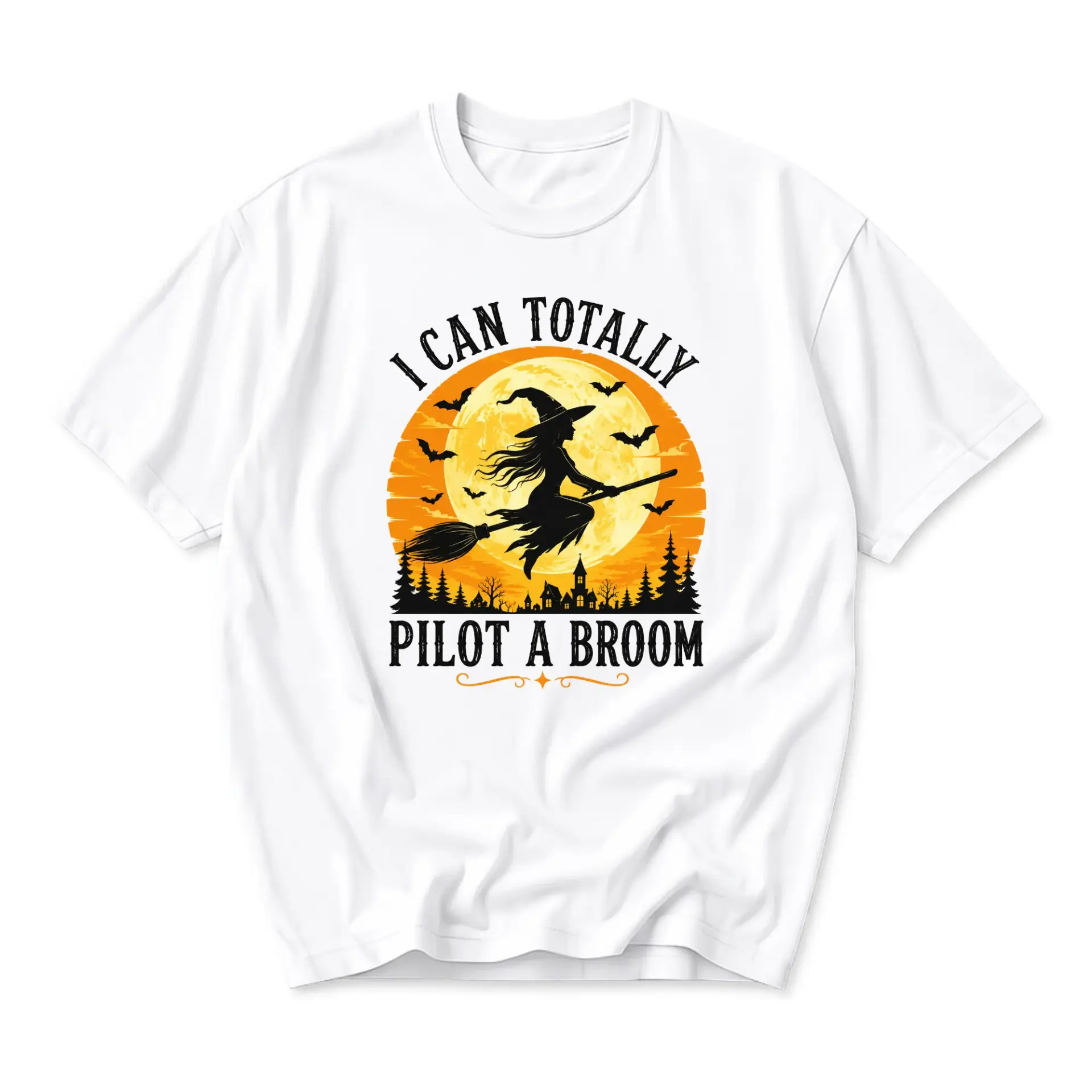 Funny Shirt I Can Totally Pilot a Broom Witch Graphic Tee Halloween Unisex Crew Neck Casual Cotton Blend Top