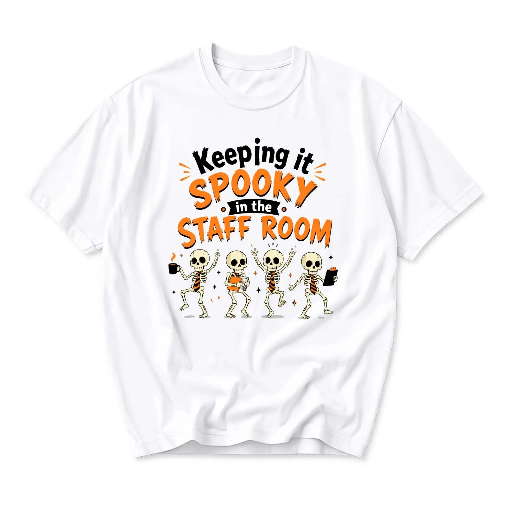 Funny Shirt Keeping It Spooky in the Staff Room Skeleton Graphic Tee Unisex Casual Crew Neck Soft Cotton Blend Top
