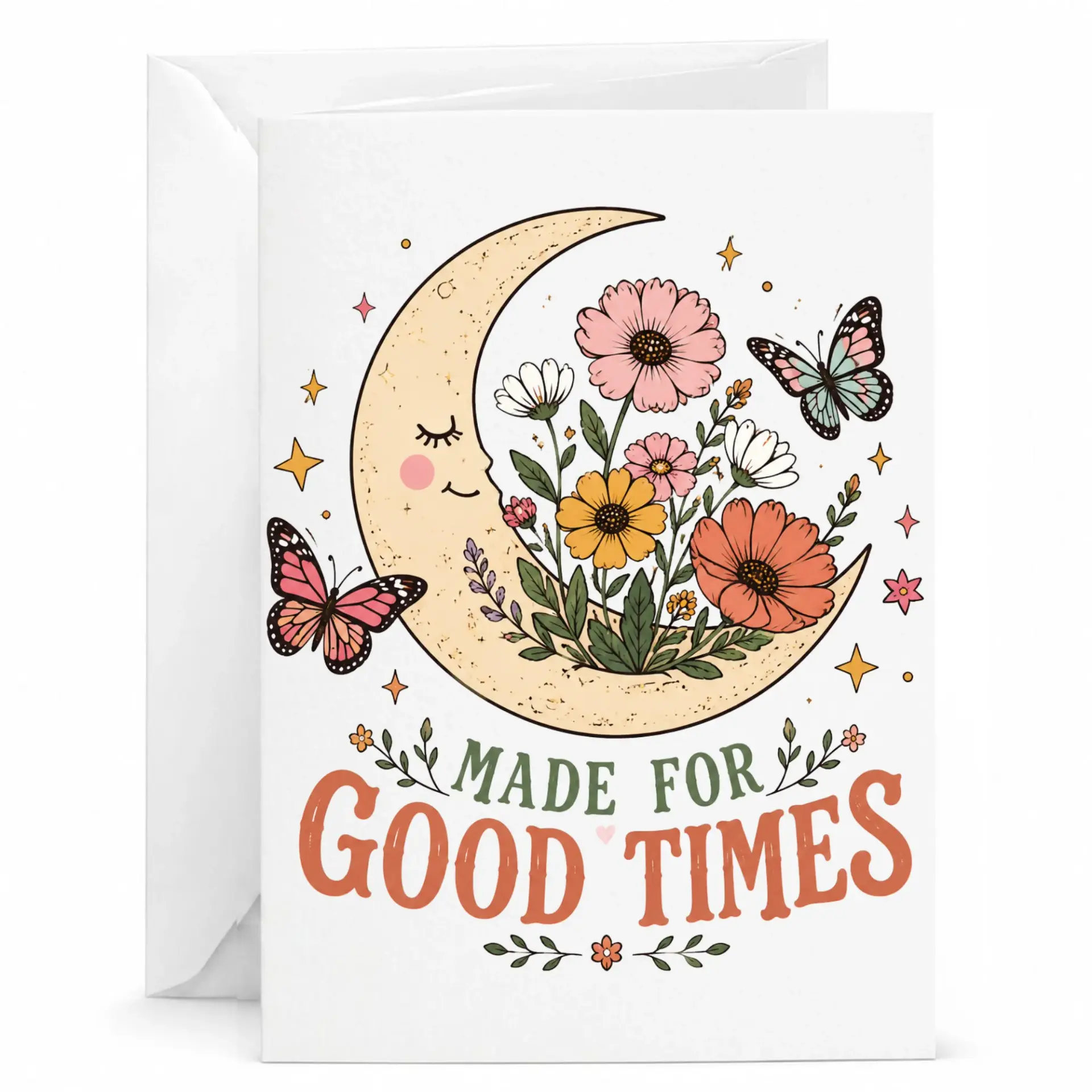 Greeting Card Made for Good Times Featuring Whimsical Crescent Moon and Wildflower Illustration Boho Stationery