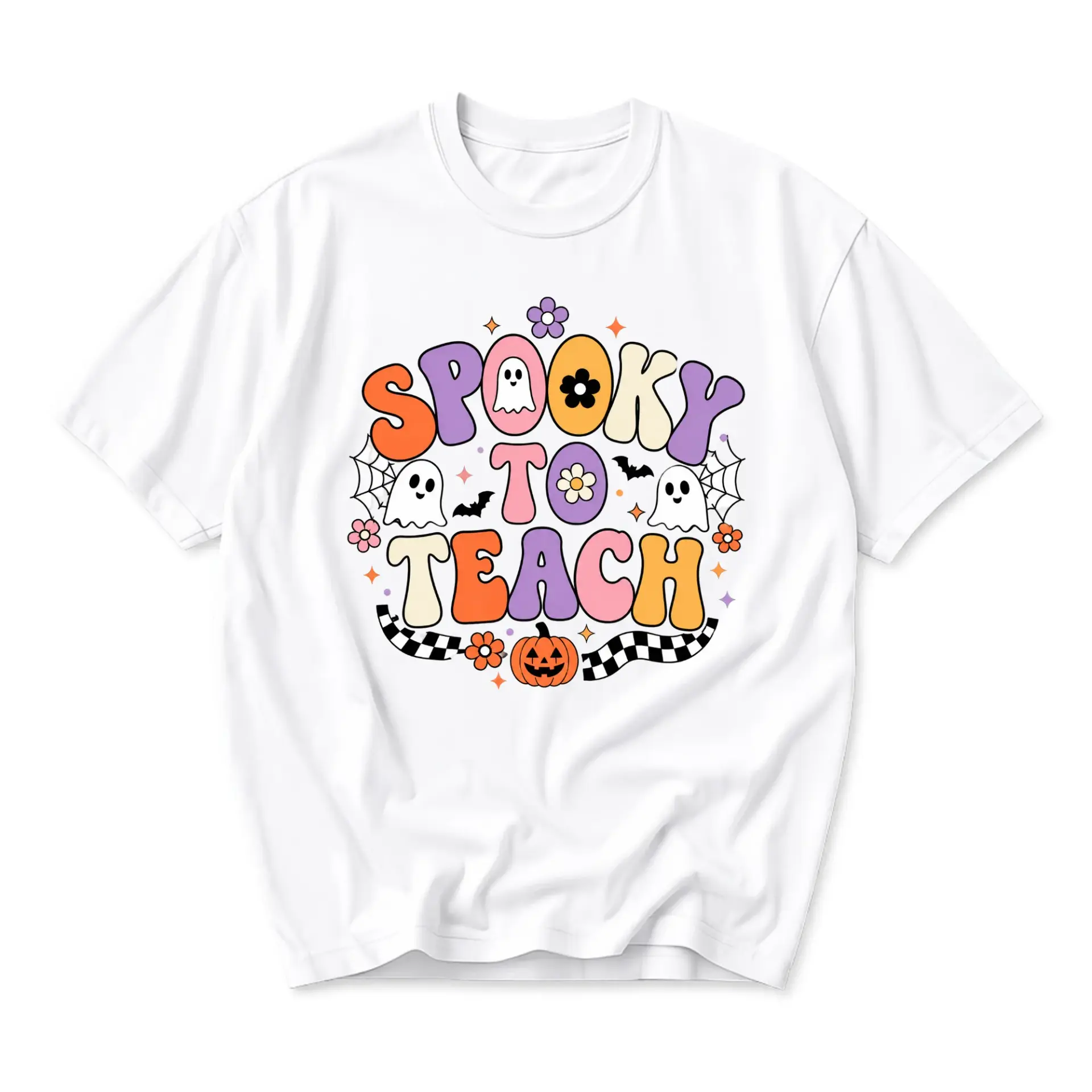 Graphic Tee Spooky to Teach Retro Style Unisex Crew Neck Short Sleeve Shirt for Casual Everyday Wear Fall Season Apparel