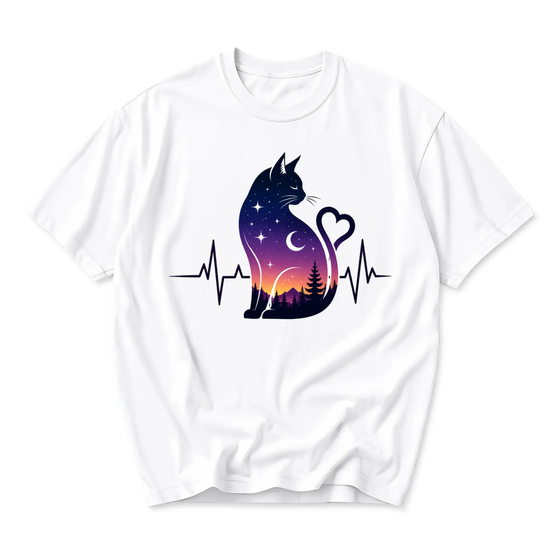 Graphic Tee Cat Heartbeat Nature Silhouette Print Unisex Crew Neck Shirt for Casual Everyday Wear and Self Expression