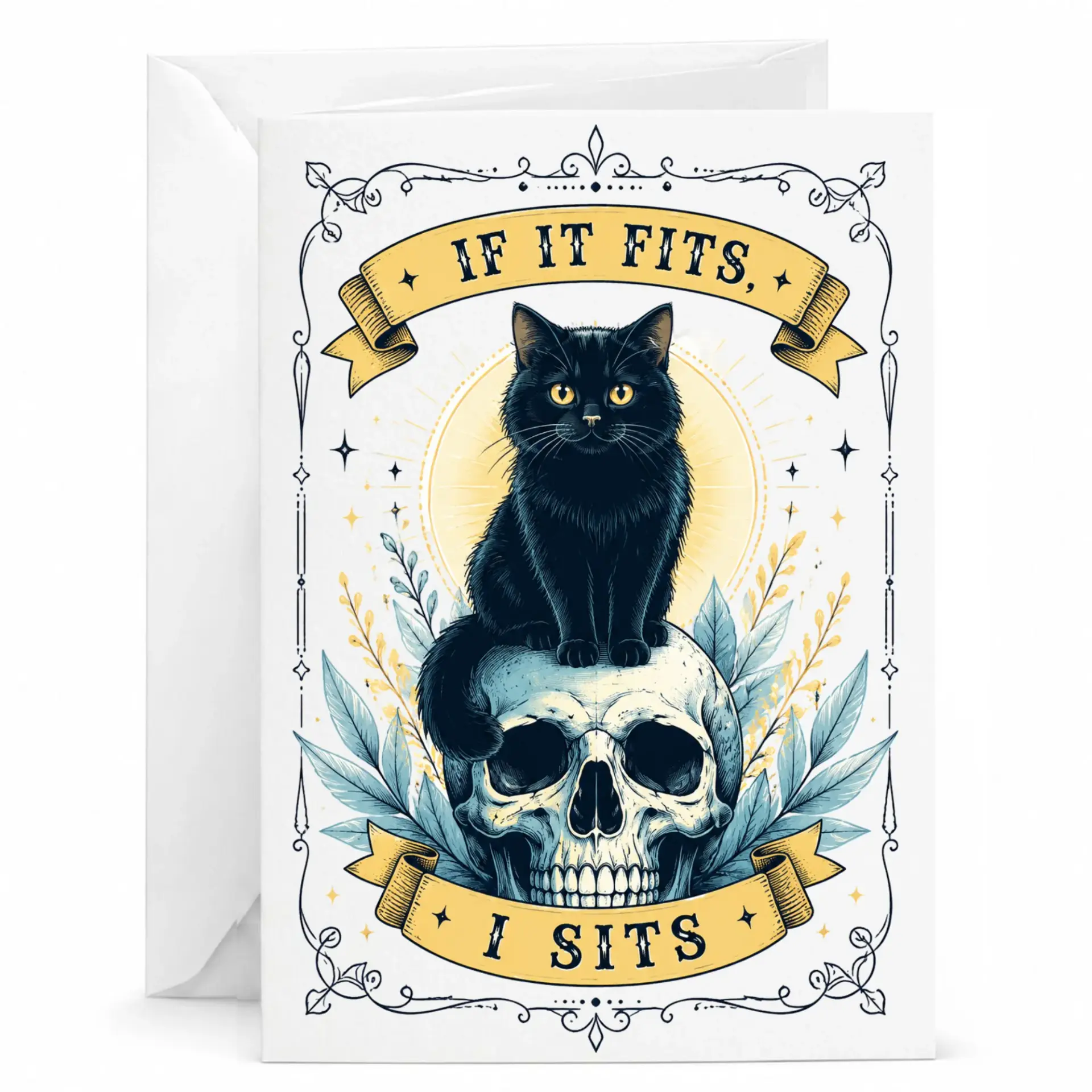 Funny Cat Greeting Card If It Fits I Whimsical Black on Skull Illustration Stationery for Friends and Family
