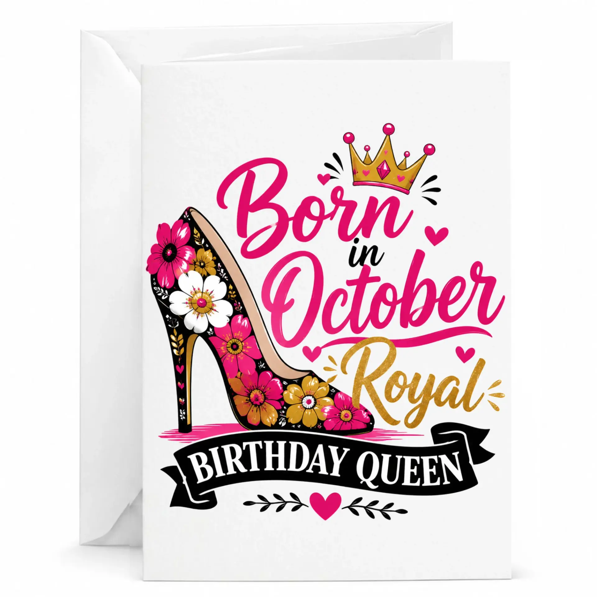 Birthday Card Born in October Royal Birthday Queen Floral High Heel Shoe Design Premium Greeting Card with Envelope