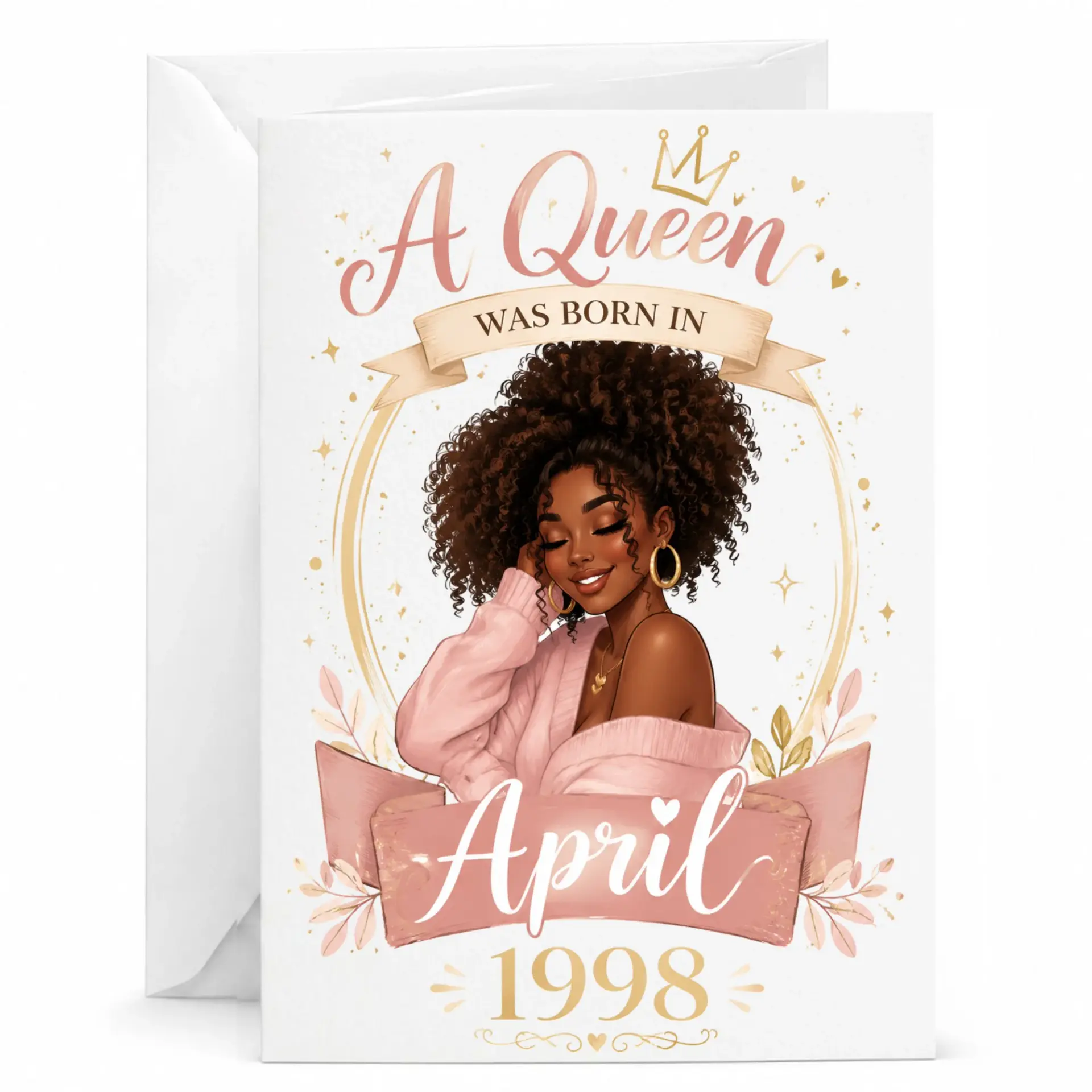Birthday Card a Queen Was Born in April 1998 Floral Elegant Design Greeting Card for Women with Envelope
