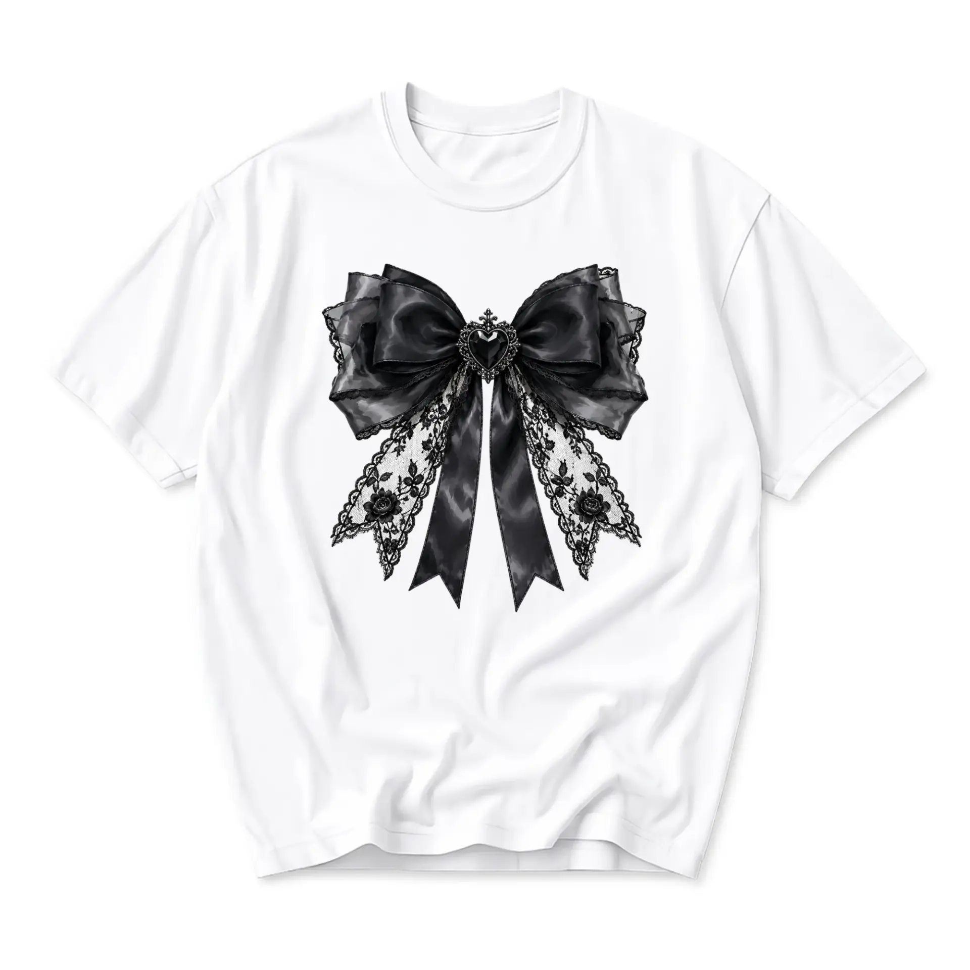 T-shirt Black Lace Bow Graphic Tee Unisex Crew Neck Casual Everyday Top Featuring Detailed Ribbon Heart Motif
